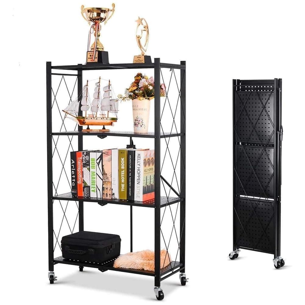 HEXAR® 4 Tier Foldable Storage Organizer Heavy Duty Metal Rack Storage Shelving Unit with Wheels Kitchen Cabinet Multipurpose Shelf Storage Rack for Living Room Bedroom Kitchen