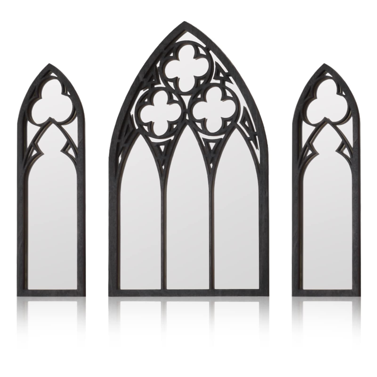BOUMUSOE 3 Pack Gothic Mirrors, Cathedral Arch Frame, Tiny Gothic Room Decor - 9.8 inches Spooky Decorative Rustic Wall Hanging for Bedroom & Bathroom