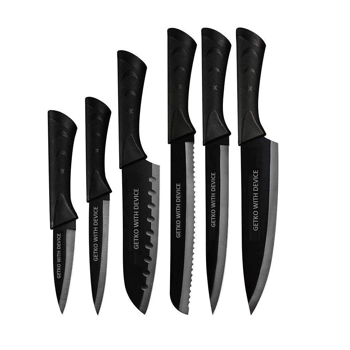 GETKO WITH DEVICE 6 Pieces Professional Kitchen Knife Set for Non-Slip Handle Kitchen Black with Sharp Manual Sharpening for Chef Cooking Cutting Knife Bread Slicing Knife Set- Black (Black)