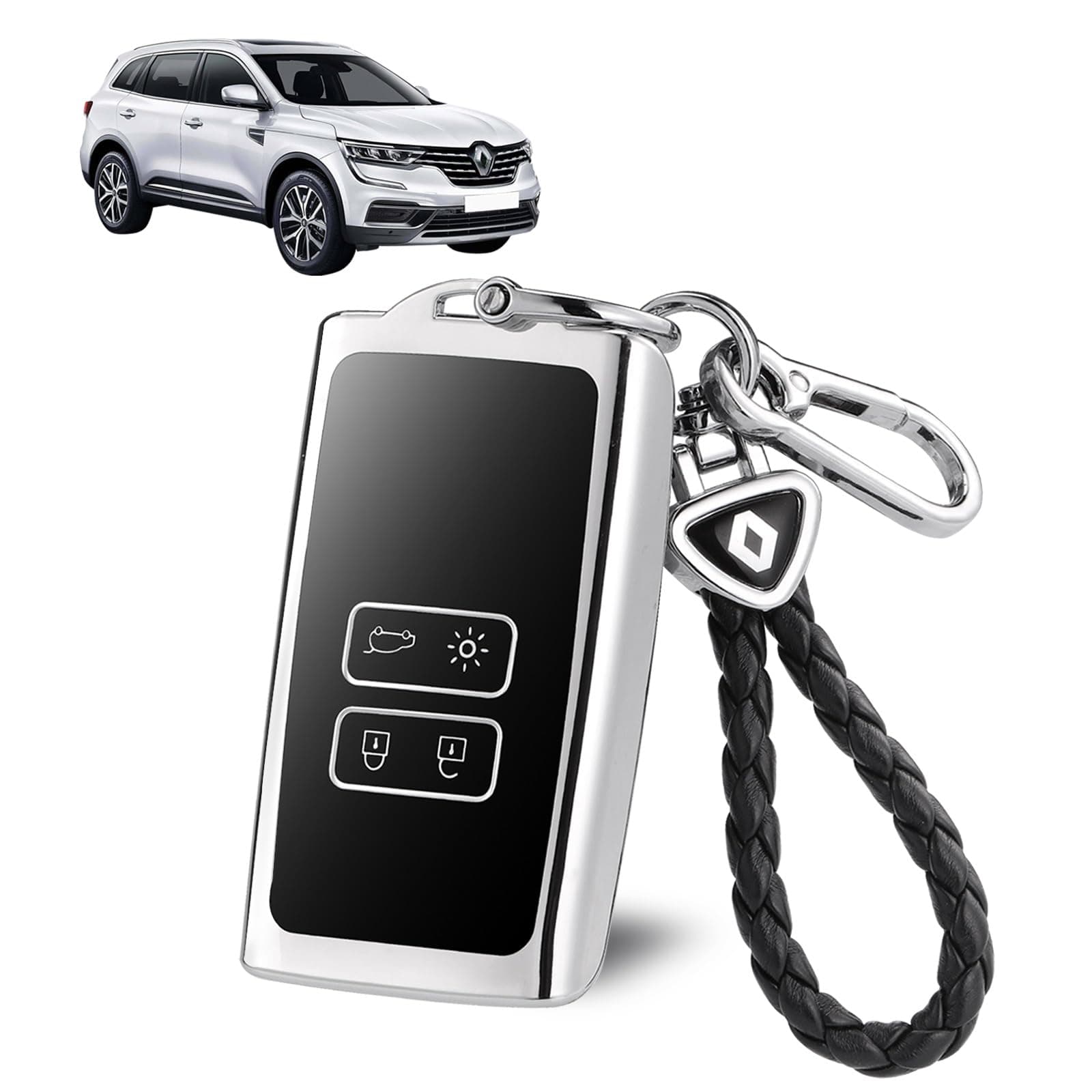 JIZZU Car Key Cover for Renault, 4 Button Keyless Smart TPU Key Cover with Key Fob, Tpu Car Key Cover for Renault (Silver)