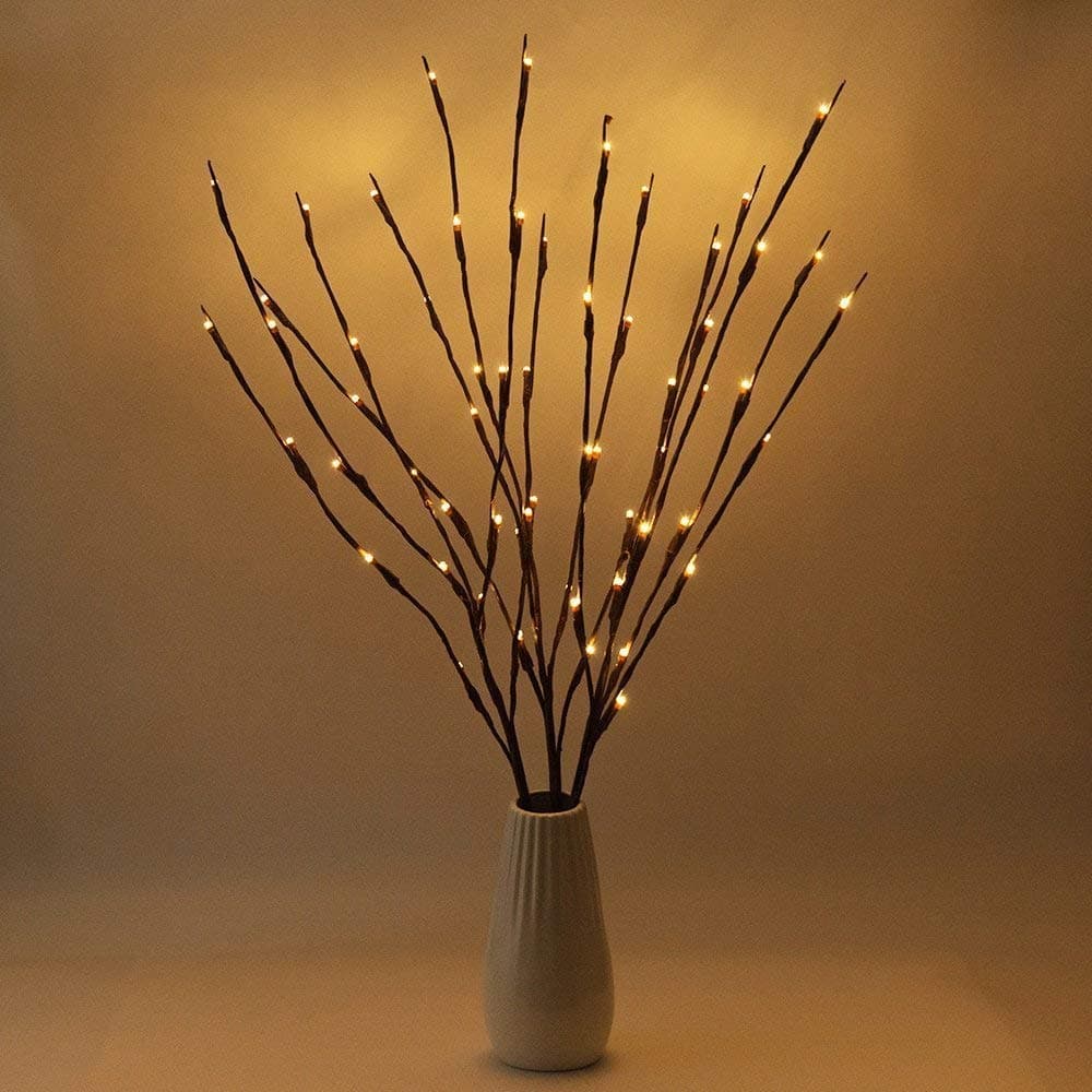 LED Branch Lights, Battery Powered, Warm White, Brown, Plastic, 20 LED, 5 Bendable Poles, 25 Inches, Modern Office Decoration