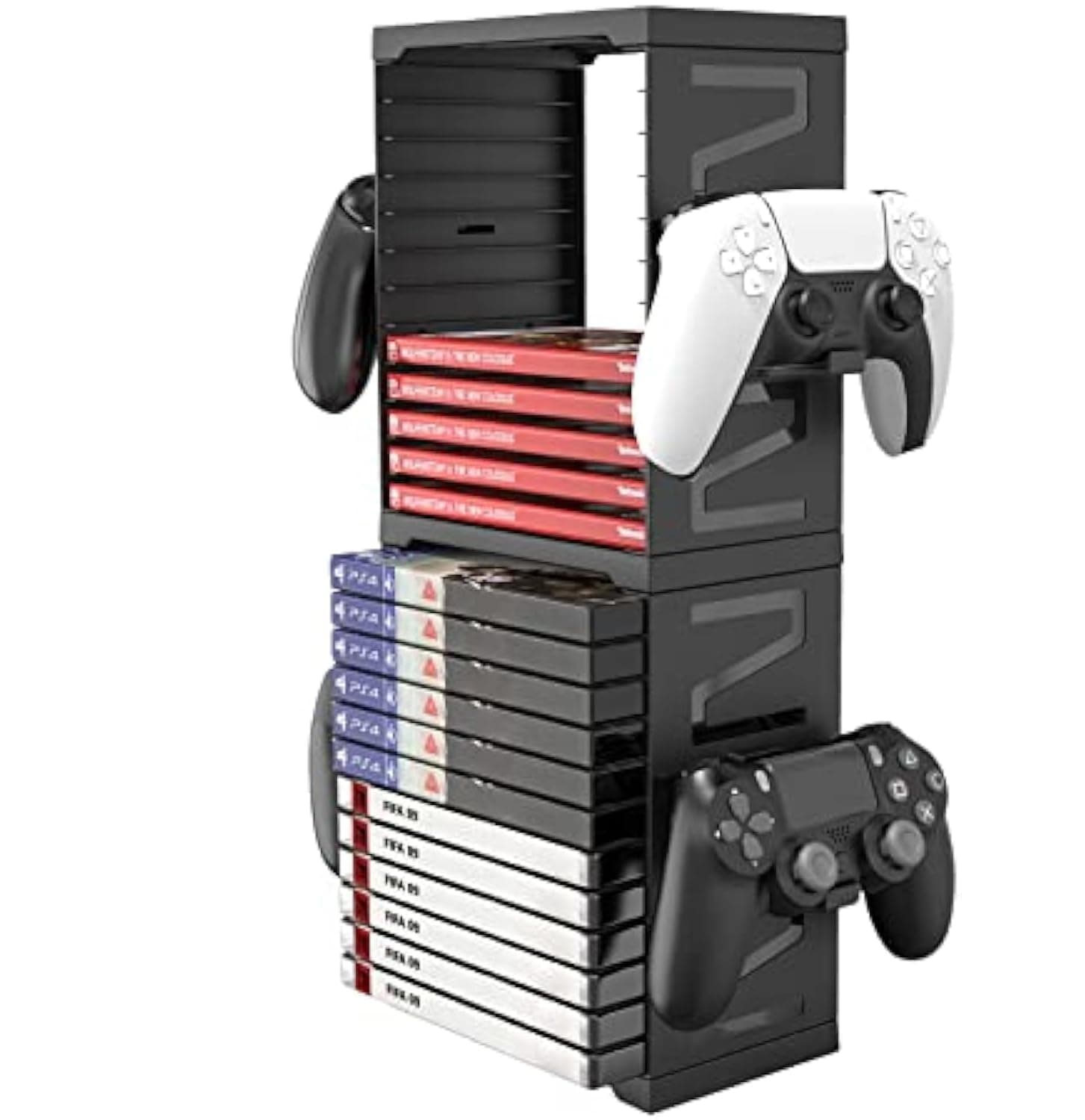 Game Storage Tower, Universal Video Games Storage, DVD and Blu-Ray Disks Organizer for 24 Games ABS Stand, with 4 Controllers Holder, Compatible with PS5 Xbox Nintendo Switch, Game Gamer Gift