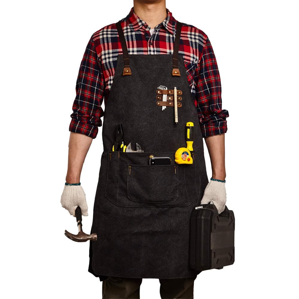 O’ bester Durable Canvas Aprons with Tool Pockets, Retro Adjustable Work Aprons for Women/Men