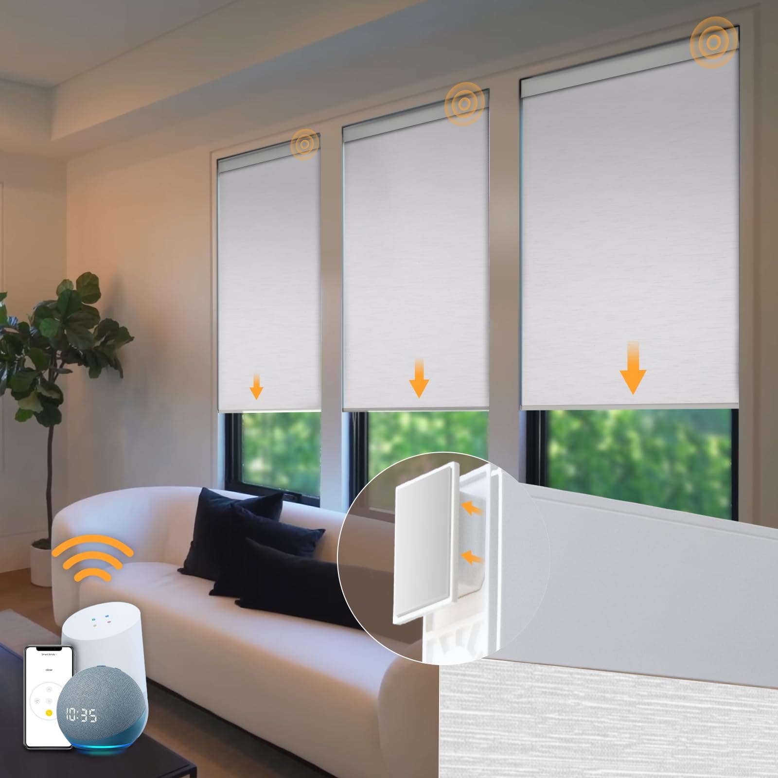 Motorized Blinds No Drill Automatic Roller Shades with Remote Control Cordless Smart Electric Windows Blinds (White, 34 x 72)