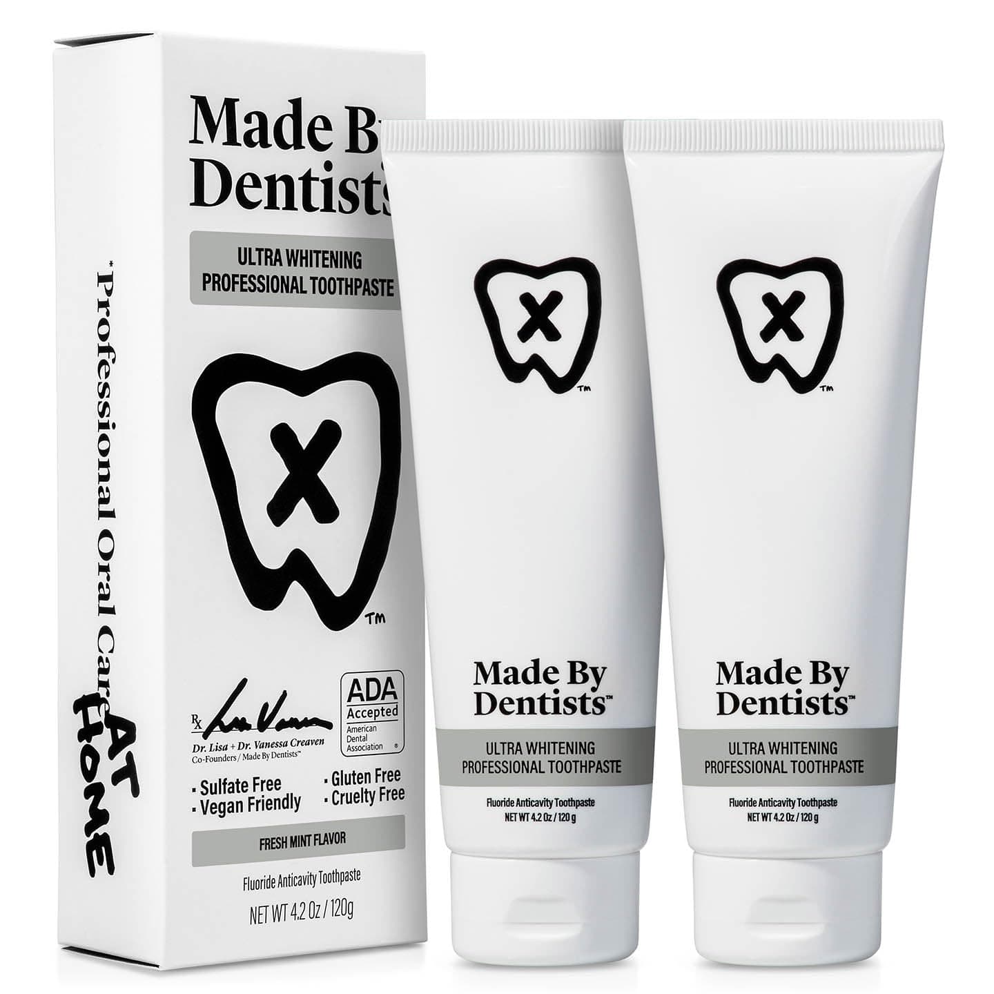 Made by Dentists Professional Ultra Whitening Toothpaste - 2 Pack - Sensitive Teeth Whitening Toothpaste with Sodium Fluoride & Hydrogen Peroxide, ADA Approved, Vegan, 2 x 4.2oz