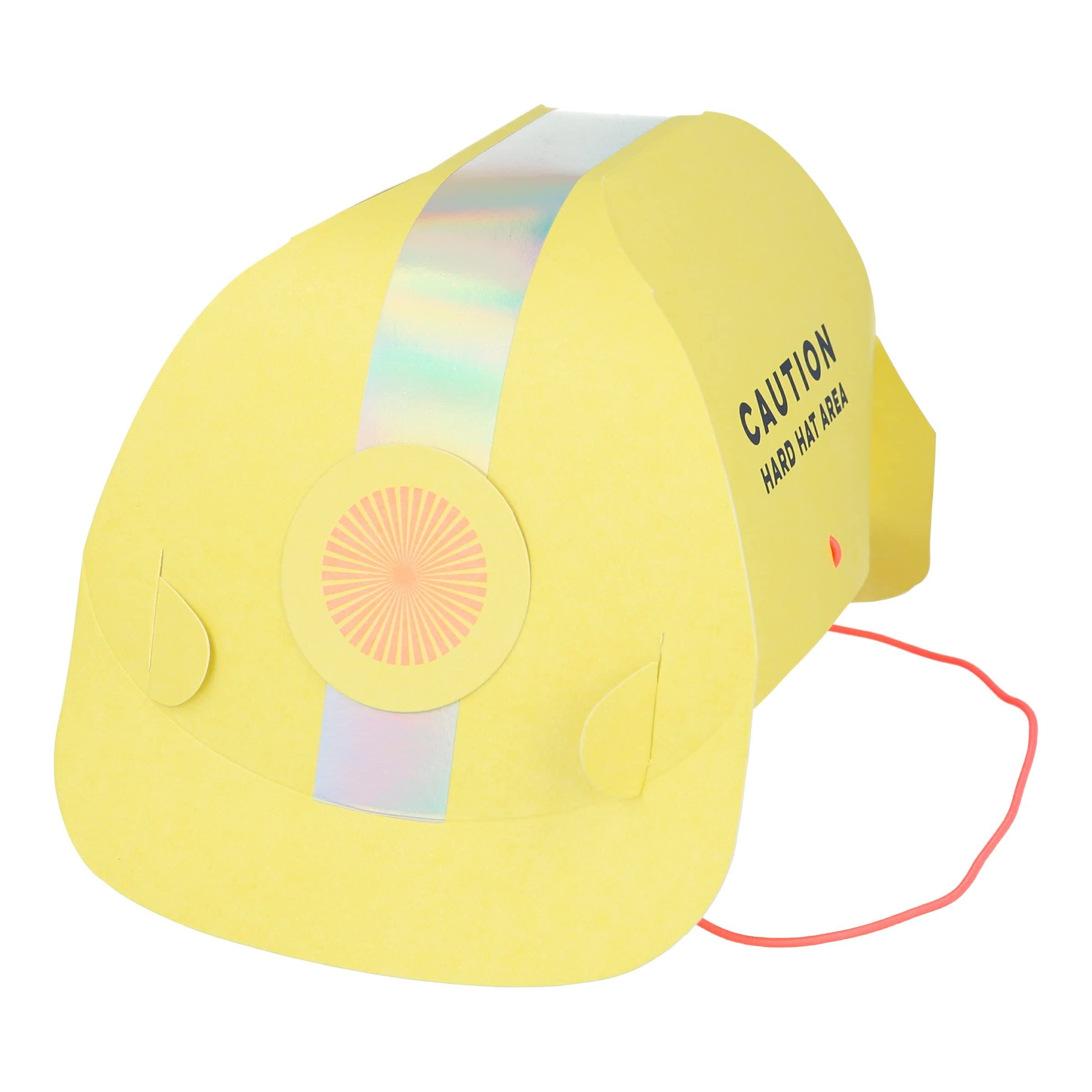 Construction Party Hats 8 Pack Featuring “Caution Hard Hat Area” Design with Shiny Silver Holographic Foil and Bright Orange Elastic for Construction-Themed Birthday Parties