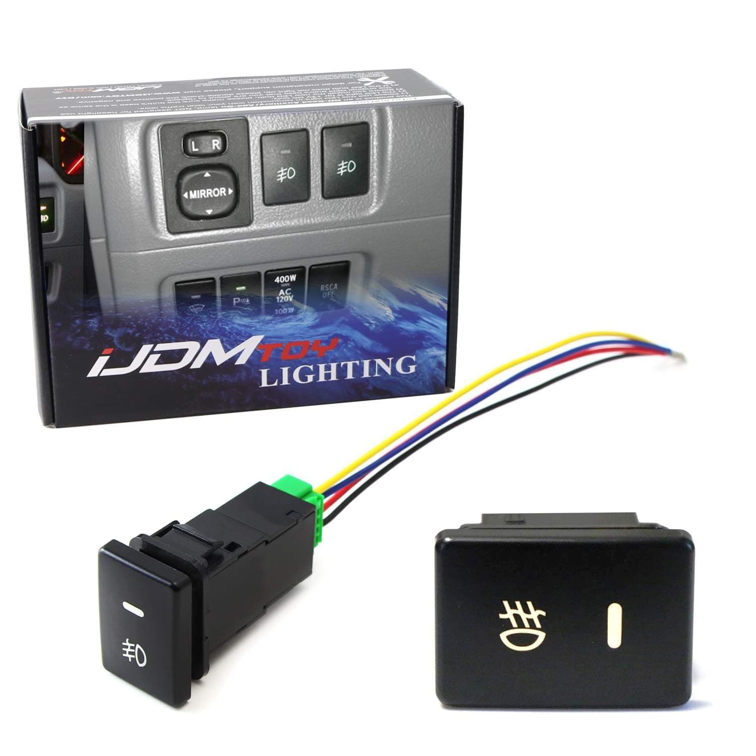 iJDMTOY Factory Style 4-Pole 12V Push Button Switch w/LED Background Indicator Lights Compatible with Fog Lights, DRL, LED Light Bar, etc (200 Series Toyota, 33x22mm)