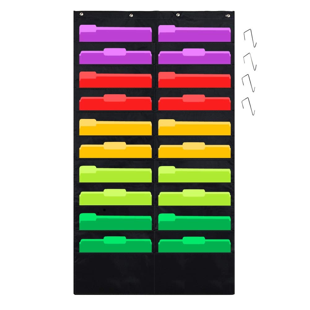 Godery Folder Pocket Chart (Black), Cascading Wall Organizer for school, classroom, home or office use, 20 pocket chart hanging wall organizer with 4 Hangers