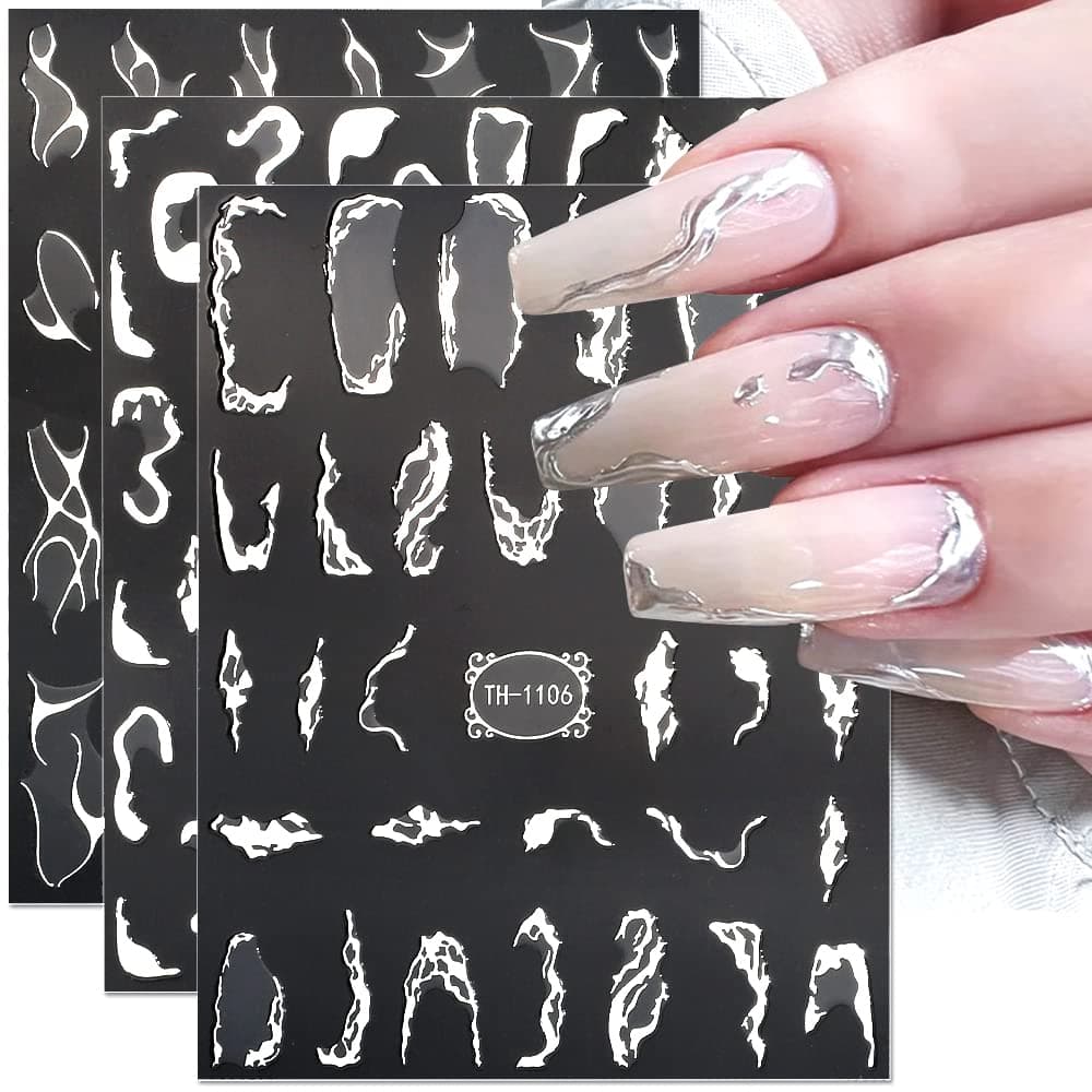 Metallic Silver Lines Nail Stickers - 6 Sheets, 3D Wave Lines, Irregular French Line, Marble Nail Decals, DIY Nail Supplies