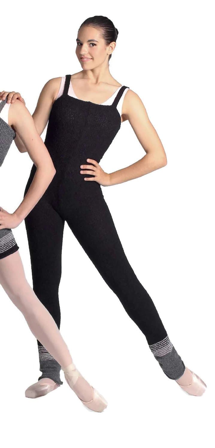 Intermezzo Warm Up Dance All-In-One Knitted Unitard Black with Pink/Grey Stripe