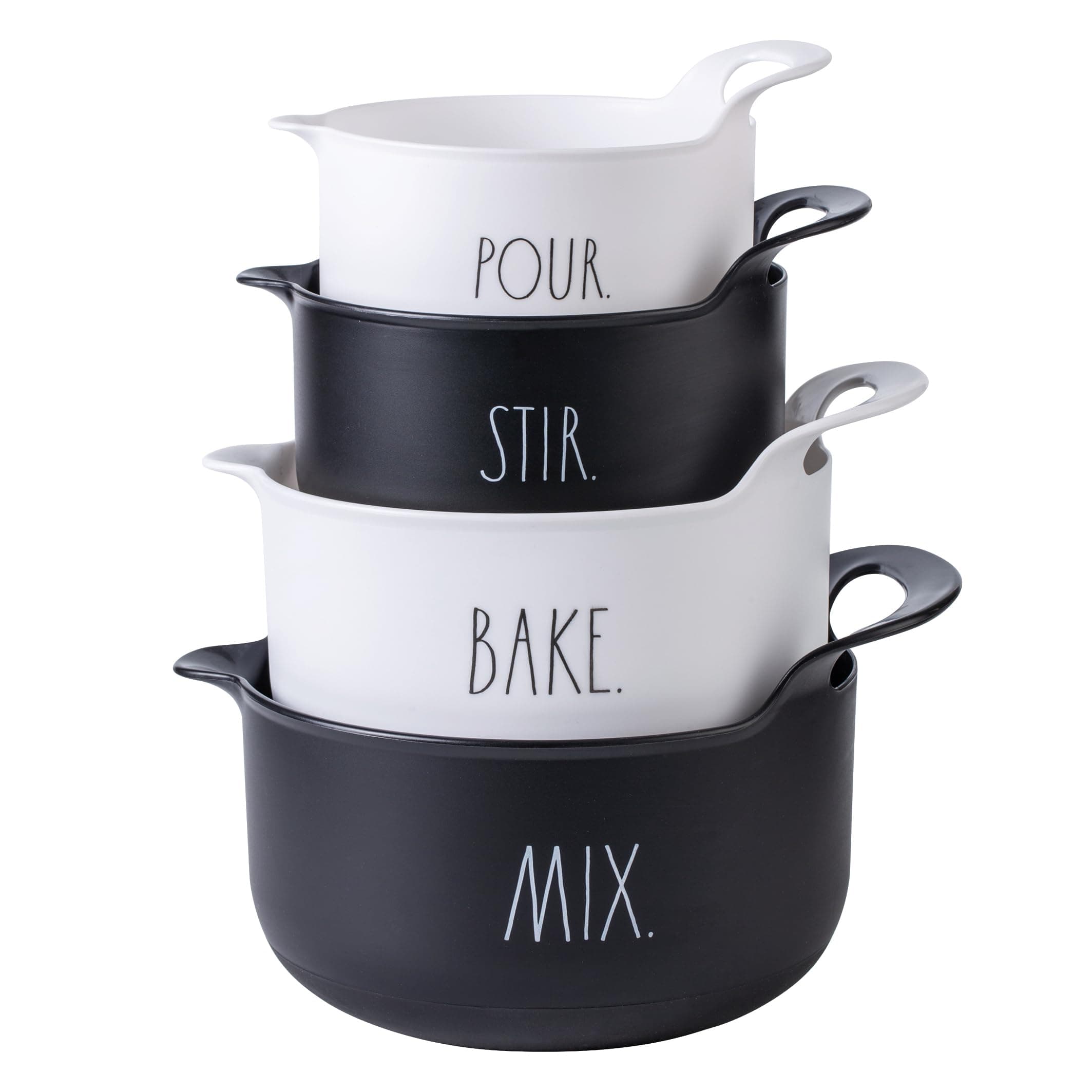 Non-Slip Mixing Bowls - 4 Piece Nesting Plastic Mixing Bowl Set with Pour Spouts and Handles-Measurement Markings (Black)