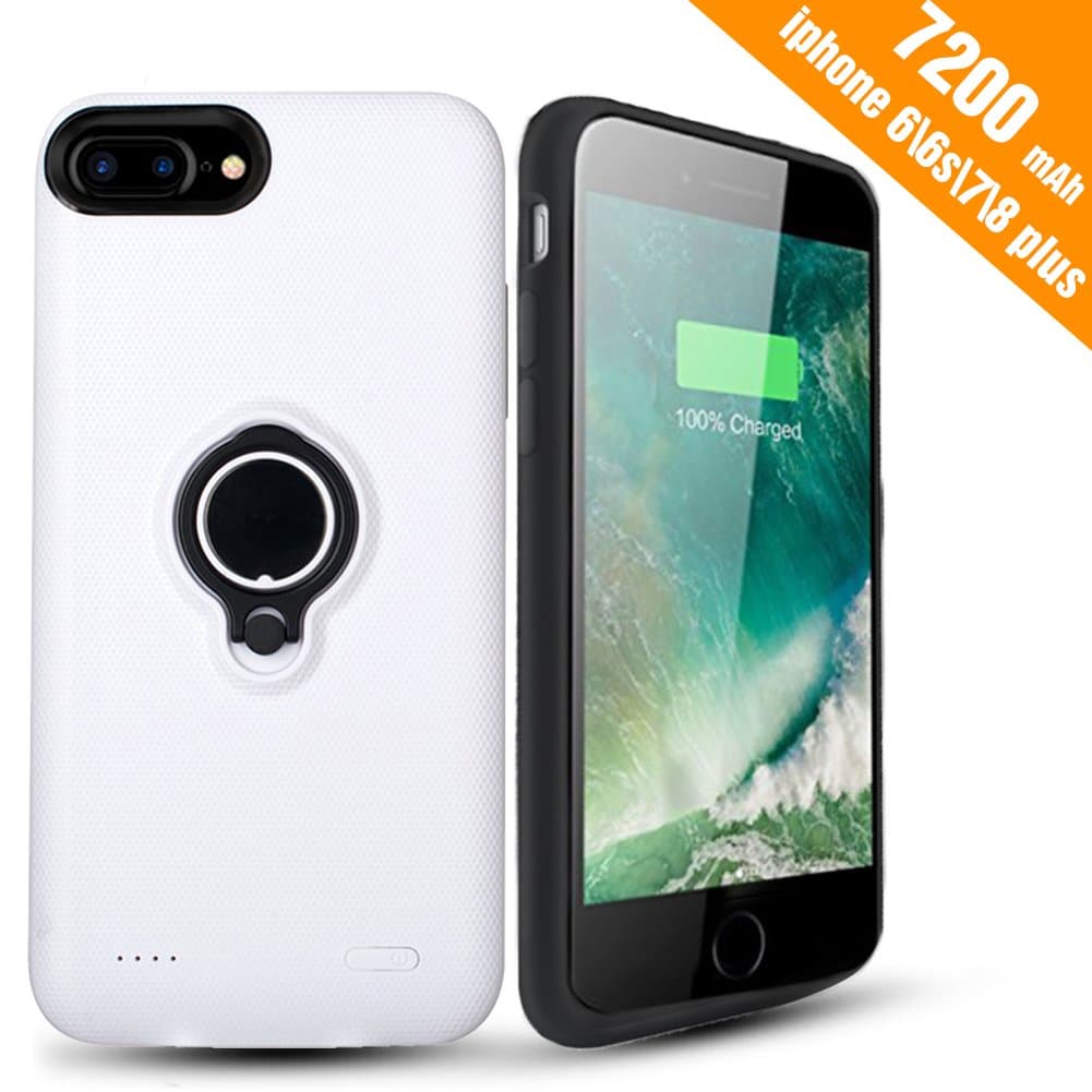 iPhone 7 Plus Battery Case - Hathcack 7200mAh Portable Battery Charging Case for iPhone 8 Plus/7 Plus/6 6s Plus Extended Battery Pack/Lightning Cable Input Mode Support Magnetic Car Holder-White