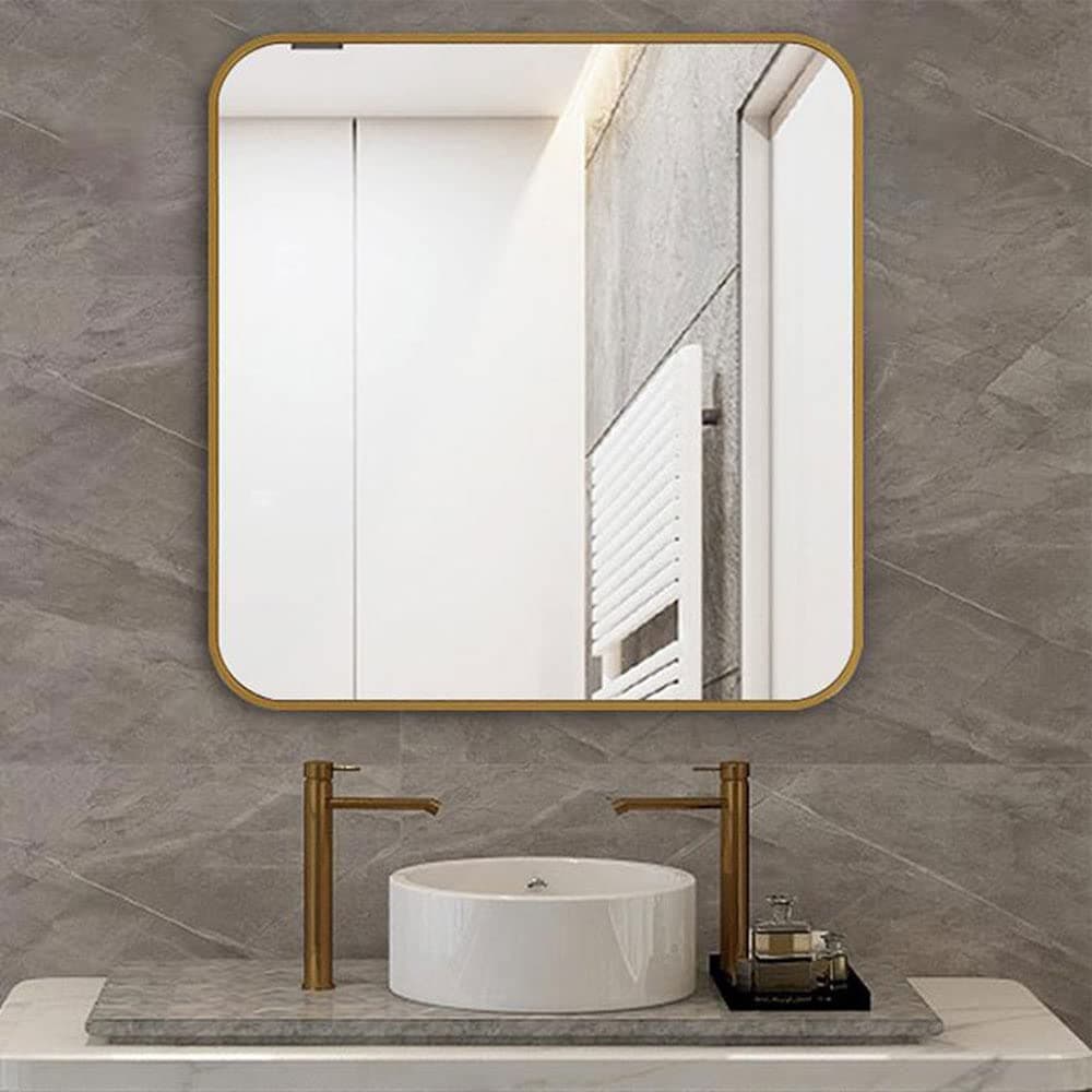 Wall Mirror Square Bathroom Make Up Mirror Modern Metal Framed Vanity Mirror Wall Mounted Decorative Hanging Mirror with Round Corner for Bedroom Living Room Entryway Hall (50 * 50CM, Golden)