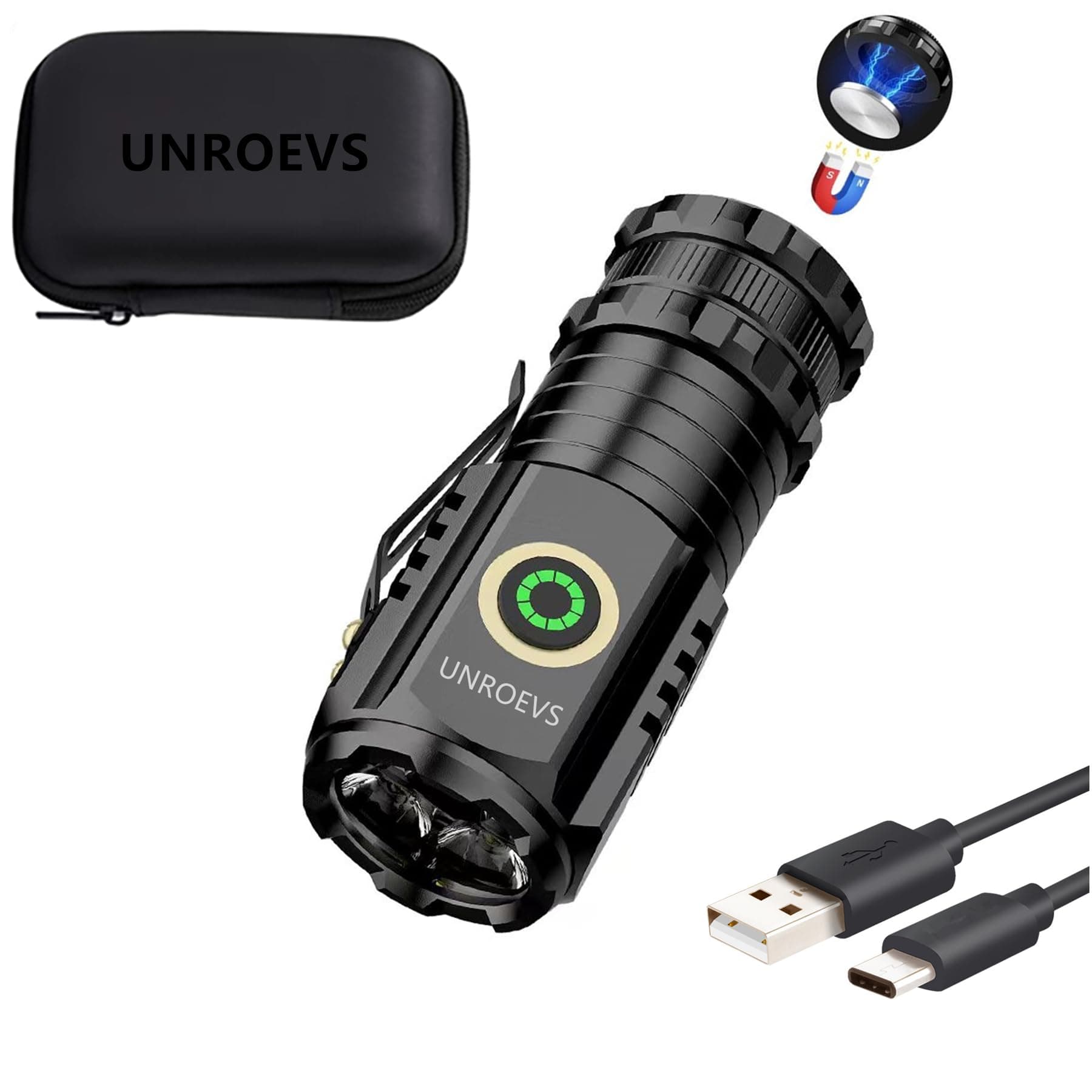 UNROEVS EDC Flashlight USB-C Fast Charging Rechargeable Flashlights High Lumens, Mini Flashlight,Small Pocket Flashlighst with Clip, Magnetic Flashlight for Camping, Hiking, Torch,Emergency