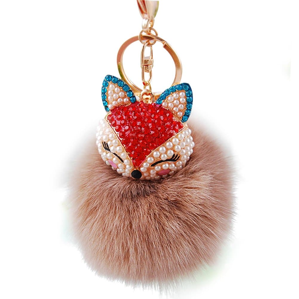 Real Fox Fur Ball with Artificial Fox Head Inlay Pearl Rhinestone Key Chain for Womens Bag or Cellphone or Car Pendant (03)