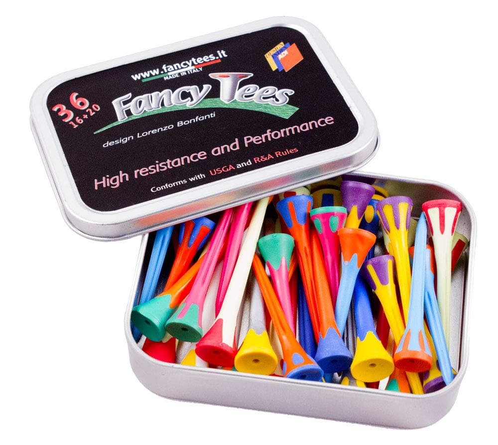 FancyTeesin Two Size's 36pcs tin box MIXED Golf Tees Plastic Materials, Multicolor, Made in Italy design and quality