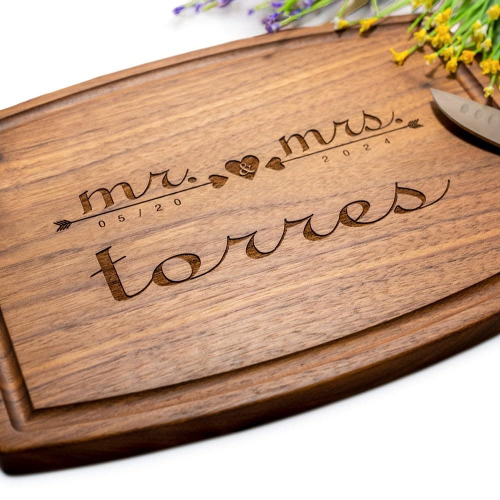 Personalized Cutting Board, Custom Wedding, Anniversary or Housewarming Gift Idea, Wood Engraved Charcuterie, for Couples and Newlyweds, Mr and Mrs Design 021