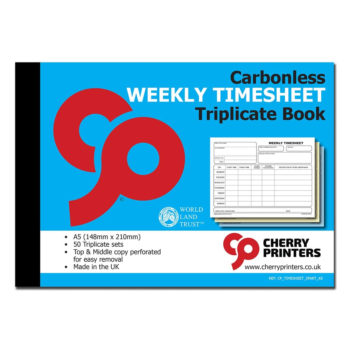 Cherry Carbonless Weekly Timesheet Triplicate Book | A5 (148mm x 210mm) | 50 Perforated Sets | Made in The UK