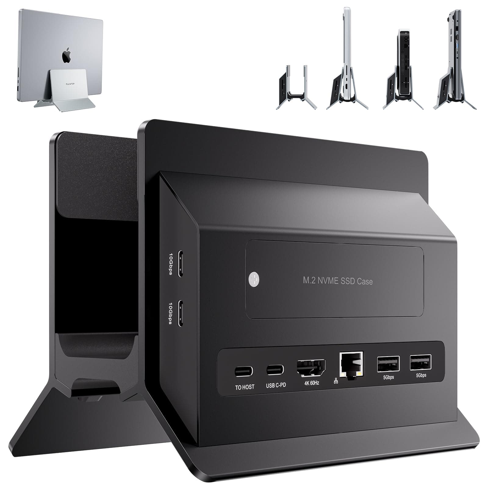 Vertical MacBook Docking Station, PULWTOP Docking Station for Mac mini with M.2 NVMe case for MacBook Pro/Air, 4K@60Hz HDMI, 2USB C 10Gbps, SD/TF, 100W PD, RJ45, 2 USB A for Windows Black