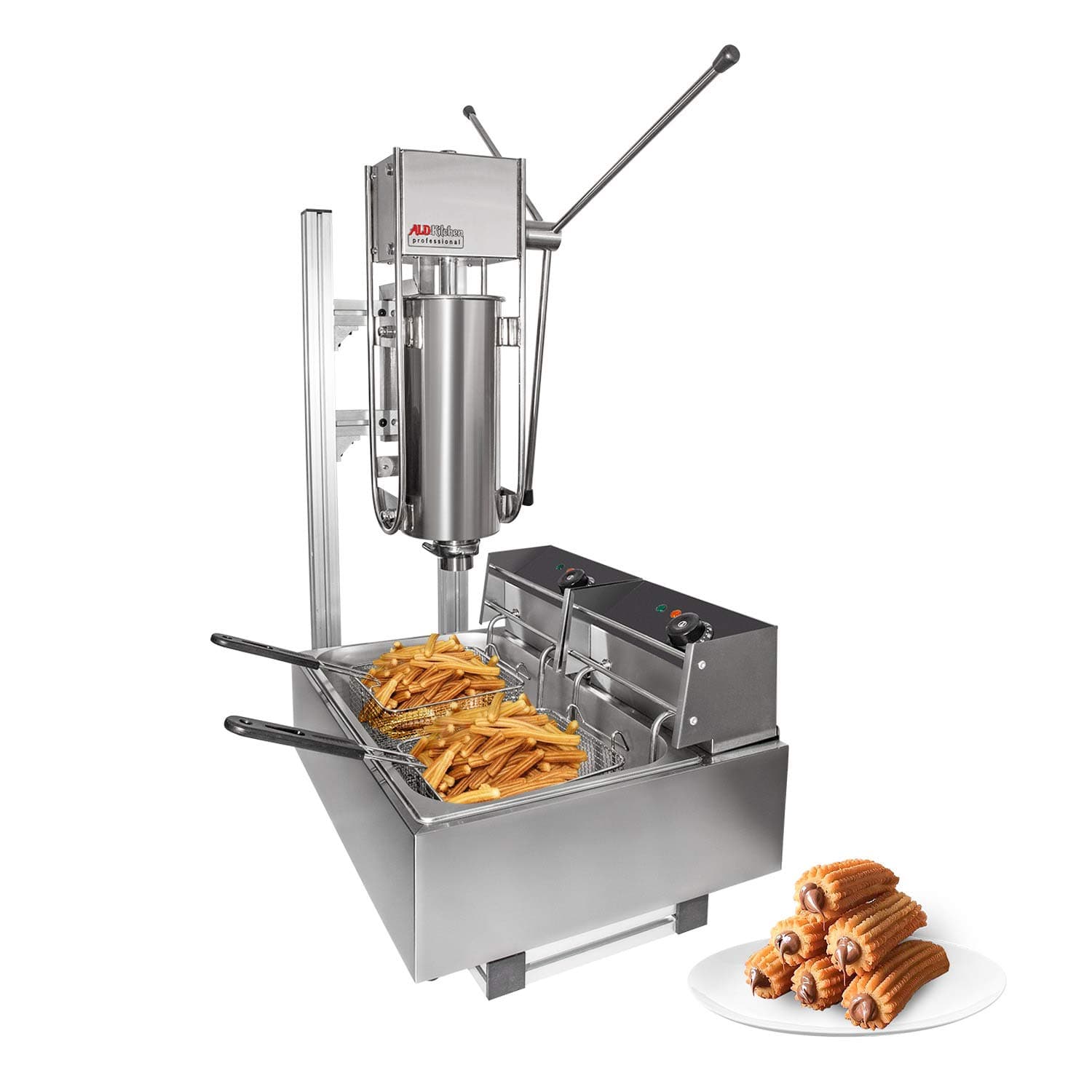 GorillaRock 3L Vertical Manual Spanish Churros Maker Machine w/Stand & 12L Electric Fryer, Stainless Steel Churros Filler Filling Machine Commercial Use for Cake Room Coffee Shop Bakery Equipment
