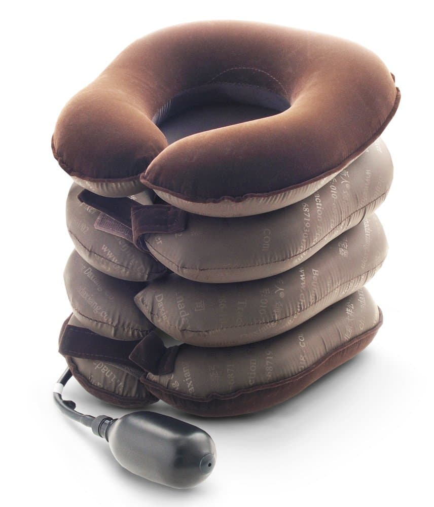 Neck Soft traction 4-layers with magnets is an effective orthopedic neck traction devices for disc pain and neck soreness. This pneumatic traction device is made with cozy micro fiber for you to wear with comfort for long period of time. The reliable air-tight inner resin lining can withstand high pressure and are located inside 4 layers of inflatable fingerings that push your neck upward and lift it into a neutral position. Just a few hand pump action, this FDA cleared device will begin to provide a maximum of 10.8” lift. Such lift is easily strengthened or relaxed to allow compressed discs to re-constitute a normal the inter-vertebral disc space. 3 powerful magnets are located to assist healing the back side of the neck.