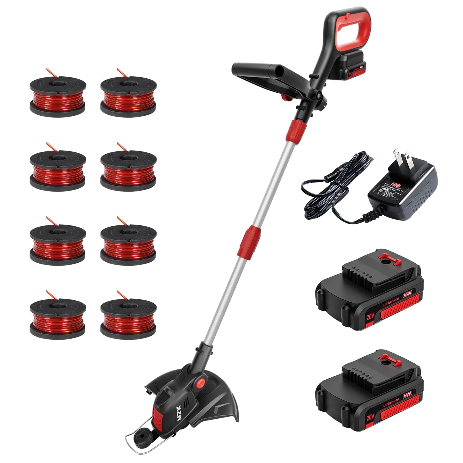 MZK 20V 12'' Cordless String Trimmer, Grass Trimmer&Edger with 8 Replacement Spools, Battery Powered Lightweight Weed Trimmer with Auto Line Feed(2 * 2AH Battery and Charger Included)