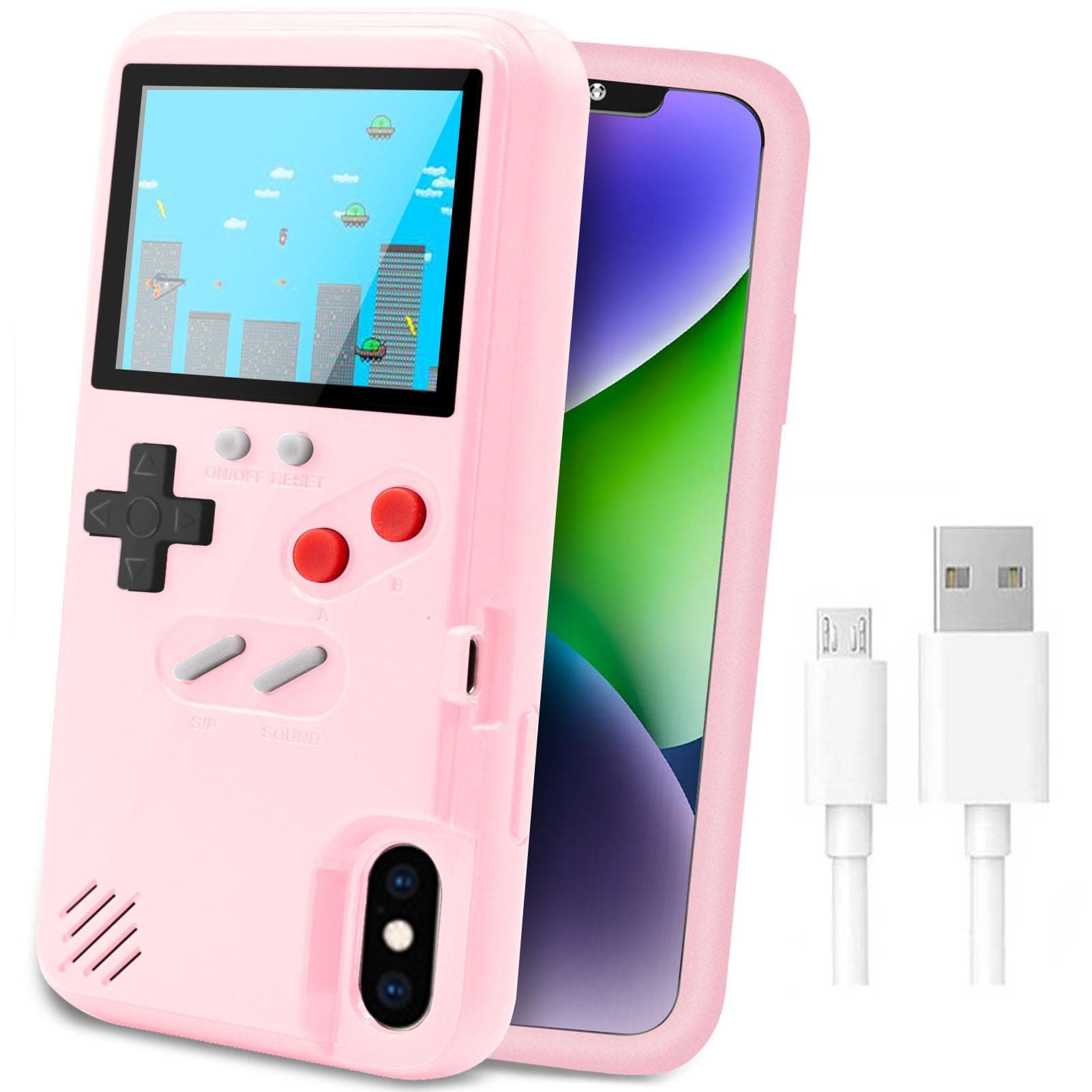 LucBuy Game Console Case Compatible for iPhone Xs MAX, Retro Protective Cover Self-Powered Case with 36 Small Games, Full Color Display, Shockproof Video Game Bumper ONLY for XS MAX - Pink