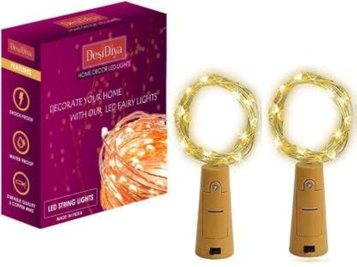 Bottle Lights with Cork, Mini Copper Wire, 24 LED Battery Operated String Decorative 200cm Fairy Light DIY Festive Decor for Diwali Wedding Party Decoration - Pack of 2 (Warm White)