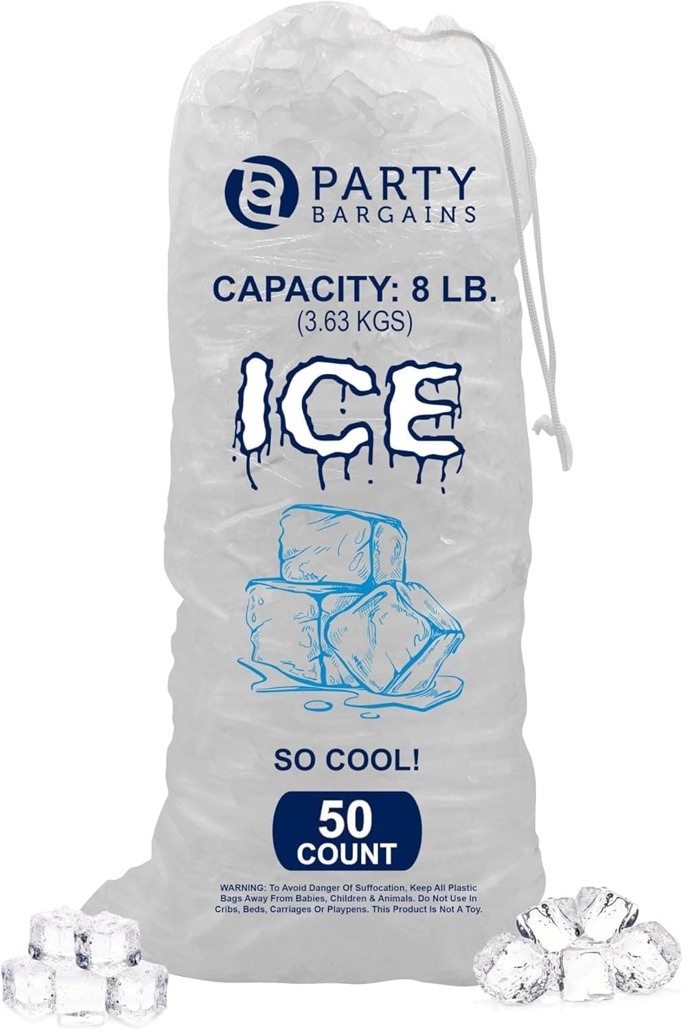 Party Bargains 8 lb Plastic Drawstring Ice Bags 50 Count 19″ x 11″ Durable Heavy Duty Ice Storage Bags for Parties Catering Coolers Outdoor Events | Tear Resistant, Leak Proof, Easy Carry Closure, BPA Free, Commercial Use