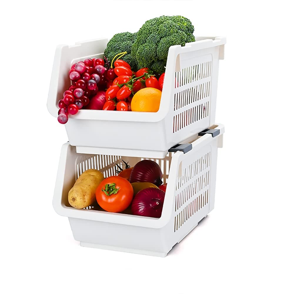 Baffect Pantry organizers, set of 2 Plastic Basket with rollers, Stackable Storage Bins for onions and potatoes (Beige)