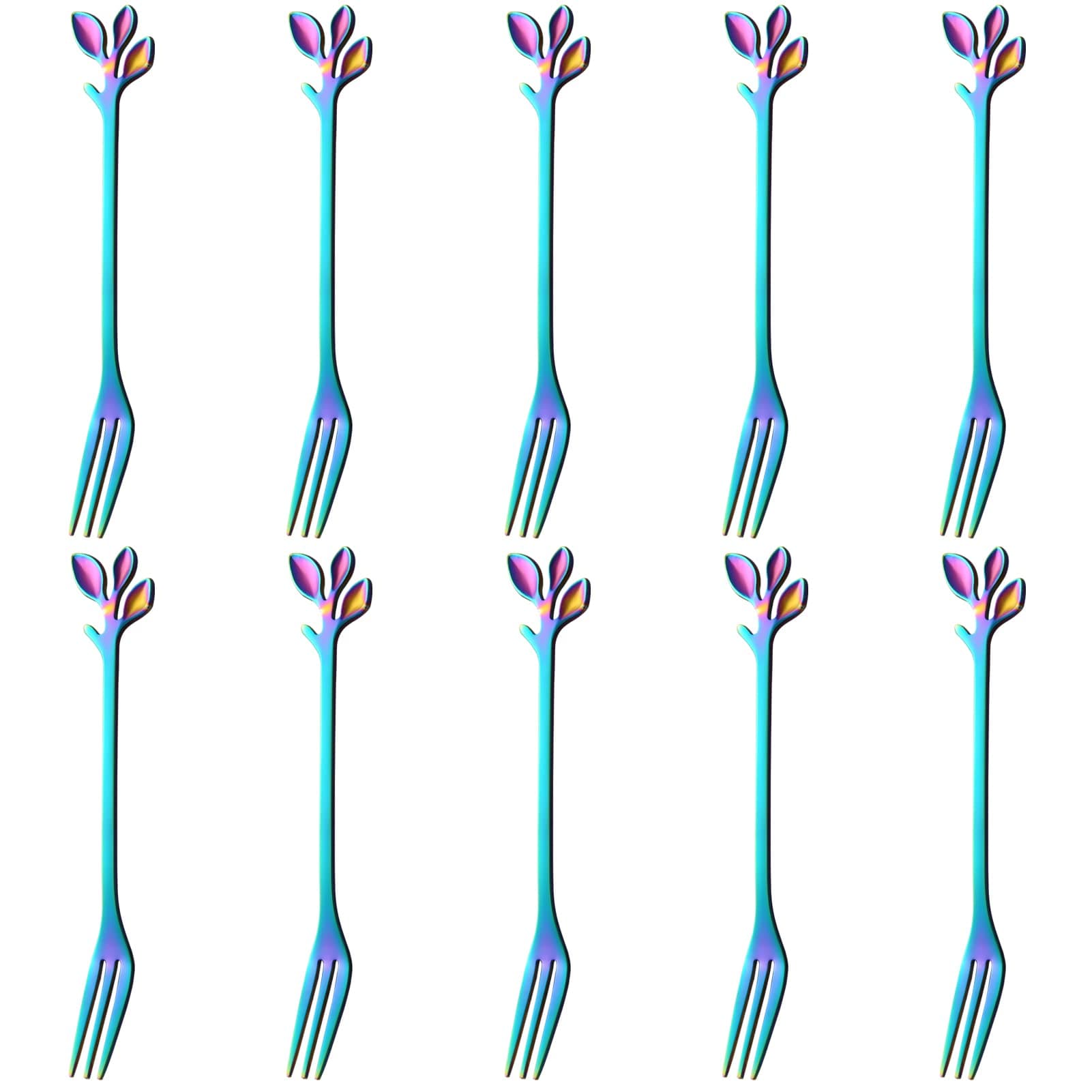 AnSaw 10-Piece Rainbow Mini Leaf Dessert Forks Set - 4.7" Elegant Stainless Steel Fruit, Appetizer, Cake & Salad Forks - Perfect for Cocktail Parties & Home Use