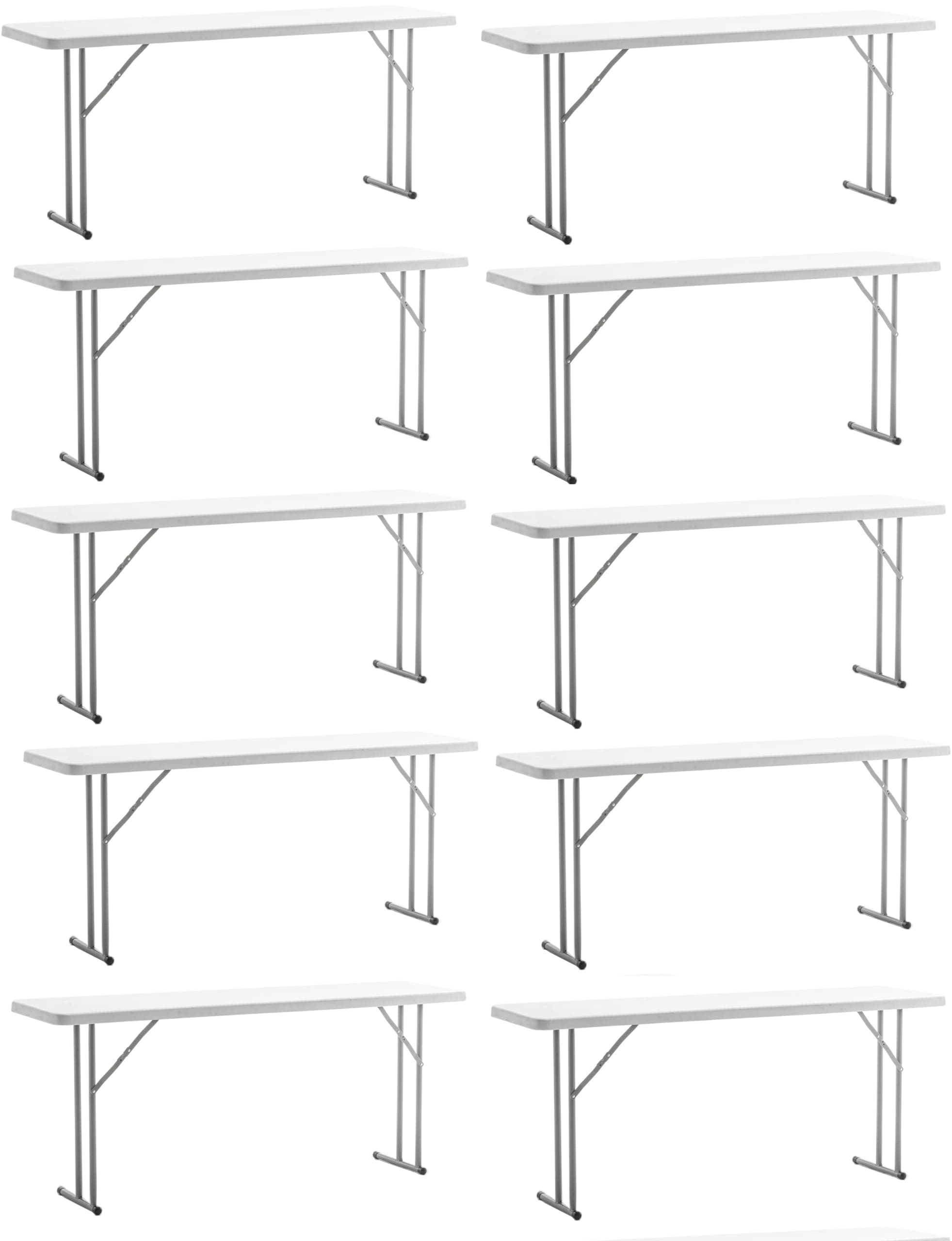 6-Foot - 72" Long White Plastic Folding Seminar Training Table Portable 18" Wide Narrow, 29" High, Events Indoor Outdoor Lightweight Set of 10