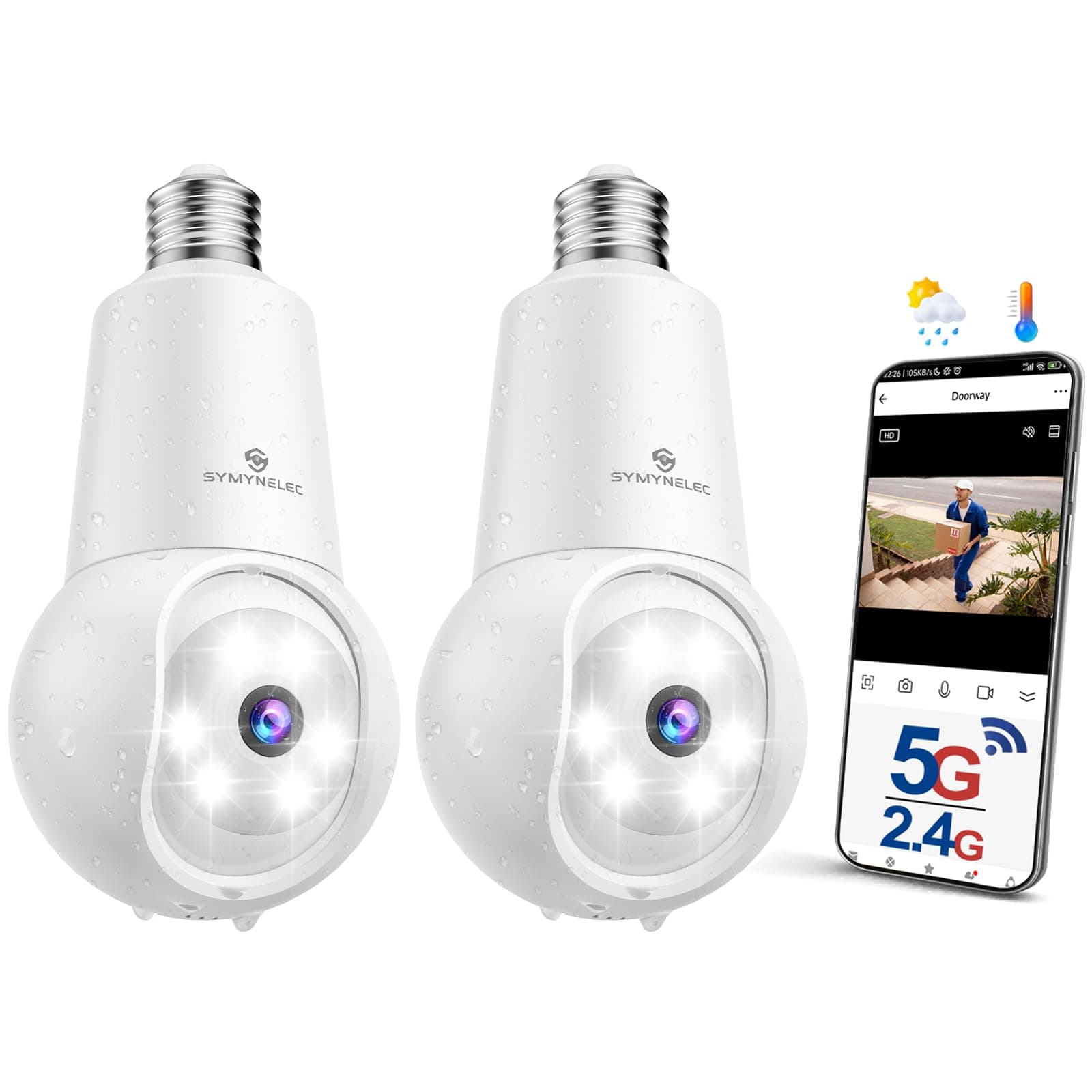 SYMYNELEC Light Bulb Security Camera: 5G WiFi Socket Camera Outdoor - Wireless Lightbulb Camera Waterproof for Home with Night Vision Motion Detection 2Packs