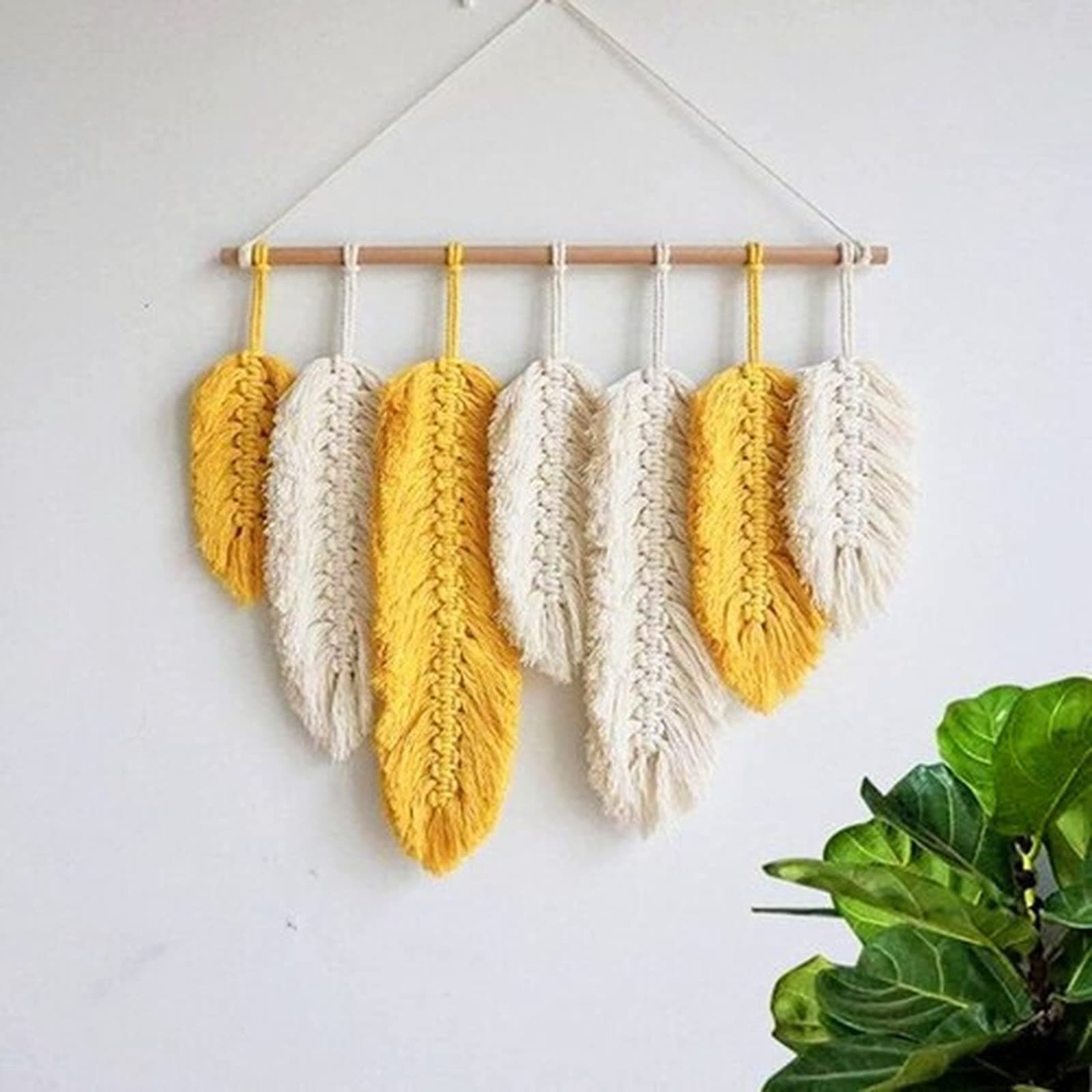 KaupuarHandmade Macrame Wall Hanging Woven Feather Tapestry Boho Wall Decor Yellow Chic Weaving Leaf Tassels Decoration Cotton Ornaments Tapestry for Bedroom Living Room Apartment Porch