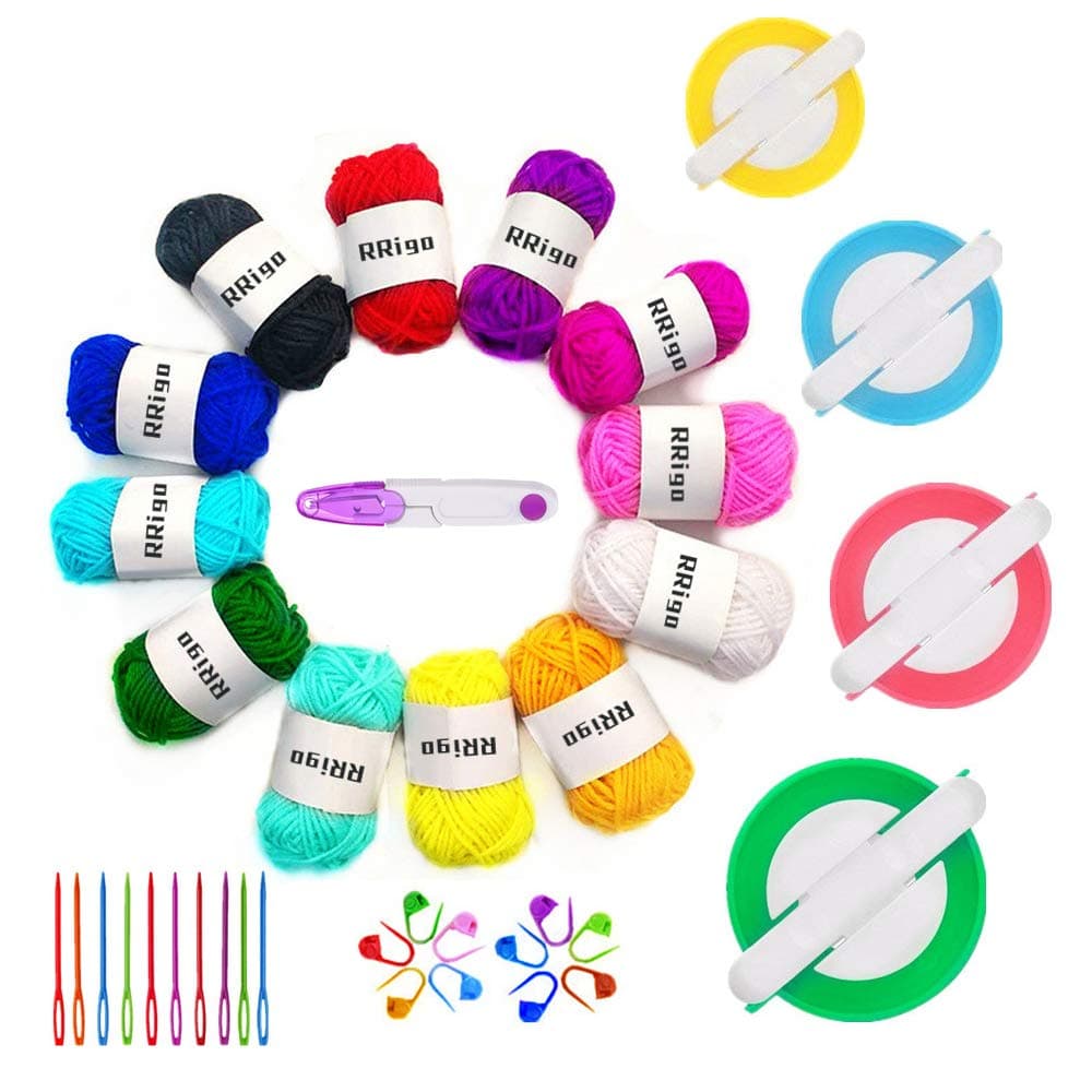 Pom Pom Maker,4 Sizes Pompom Maker Tool Set for Fluff Ball Weave DIY Wool Yarn Knitting Craft Project for Adult+12PS Acrylic Yarn+10PS Knitting Stitch Markers+10PS Plastic Needle+1PS Scissors