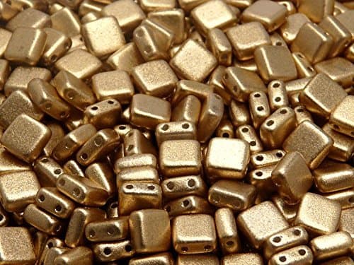 40pcs Czech Glass Beads Tile Two-Hole, Flat Square 6x6x2.9mm, AB Grade, Aztec Gold