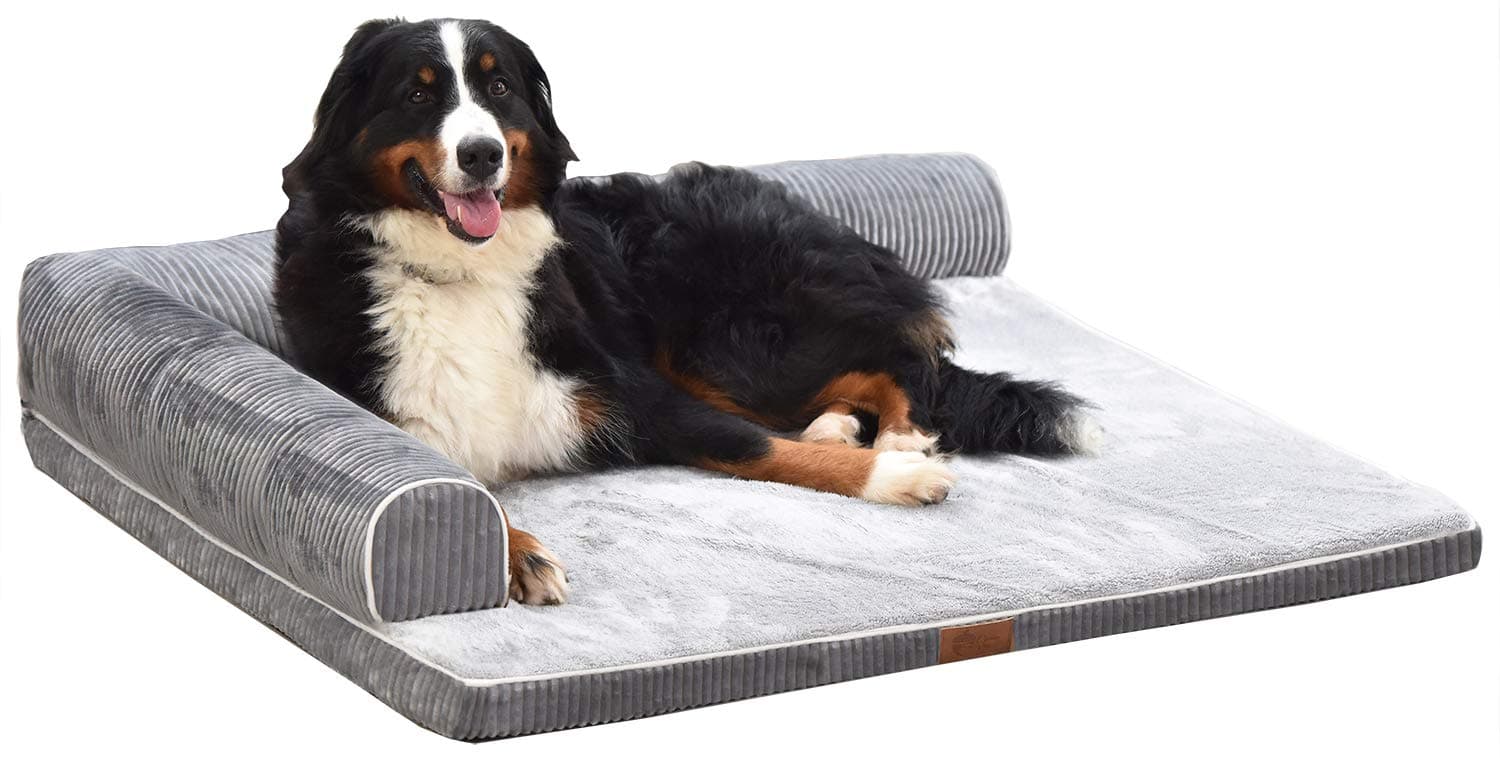 AcornPets B-1223 Extra Large Deluxe Grey 5 CM Solid Memory Foam Orthopaedic Dog Sofa Mattress Bed Fleece 110 x 95 CM For Large Dogs with 2 Side Handrails, Detachable and Washable