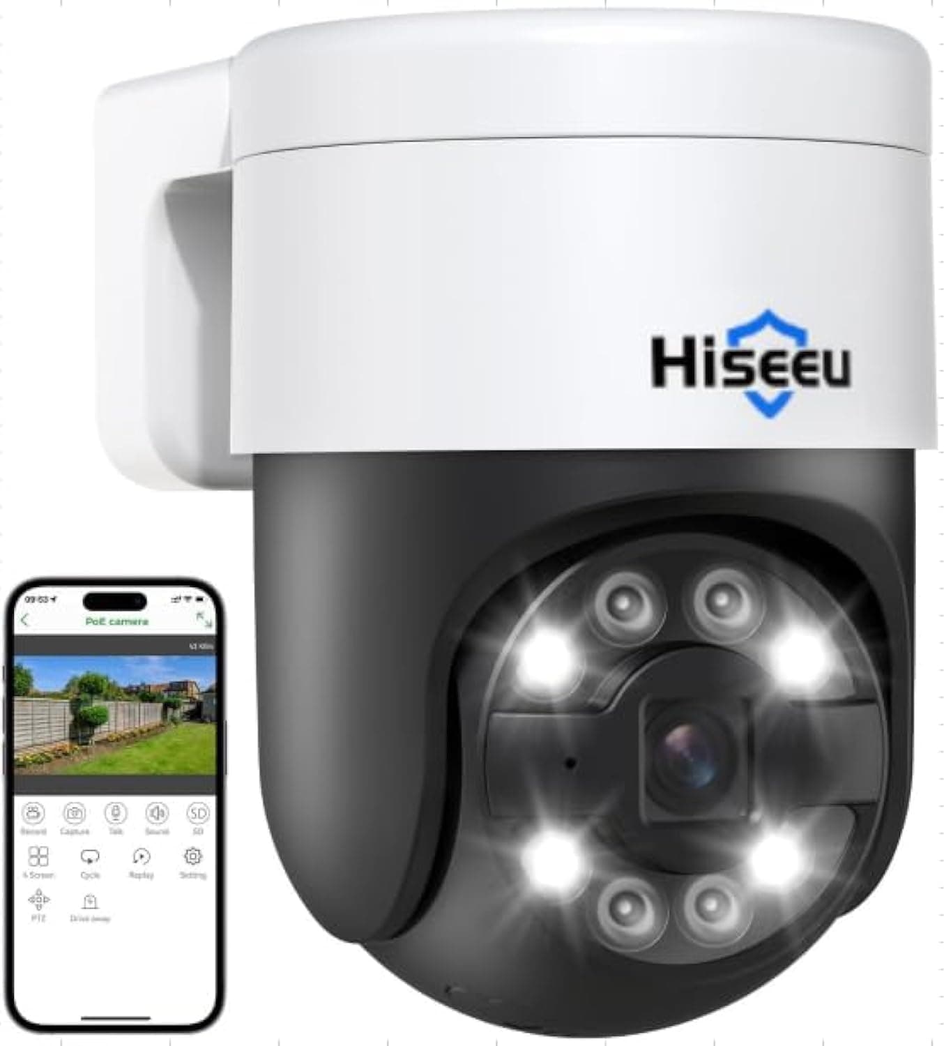 Hiseeu 【Auto Tracking +2-Way Audio】 5MP PoE Wired Security Camera Outdoor,PTZ 300°Pan 90 Tilt Digital Zoom,CCTV Home Security Cameras,Spotlight Alarm,Human Detection,No Monthly Fee