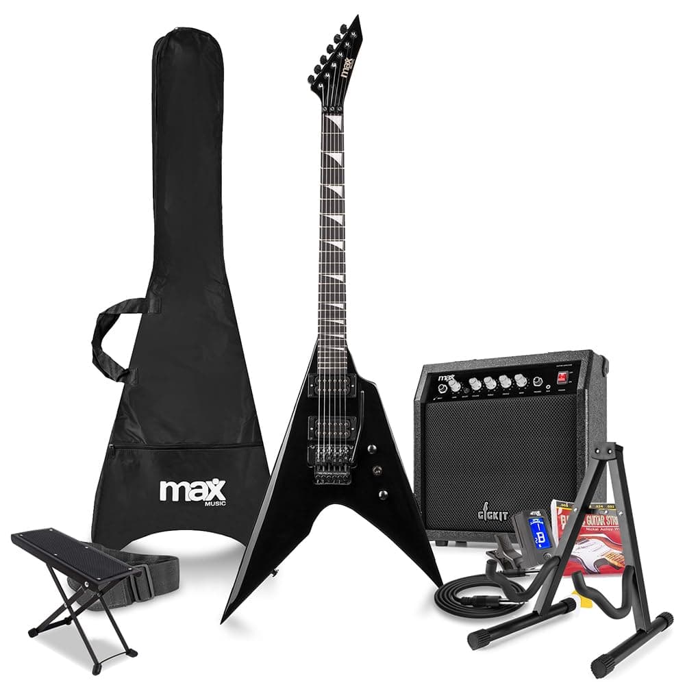 Max Gigkit V-Style Beginner Electric Guitar Package | Complete Guitar Starter Pack with Accessories | Perfect for New Musicians | Includes 6 Months Lessons