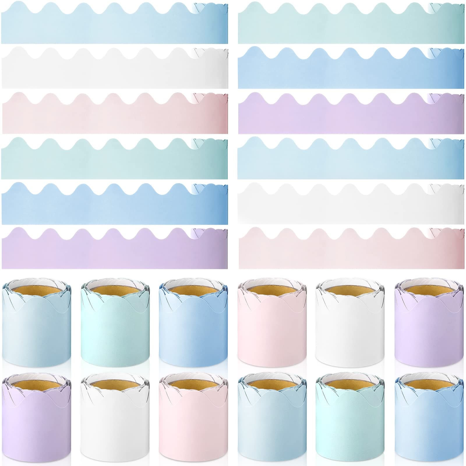 12 Rolls Scalloped Bulletin Board Borders Multicolor Rolled Borders 196 Feet Bulletin Board Decorations Bulletin Board Trim Paper Classroom Borders and Trimmers for School Wall Decor, 6 Colors