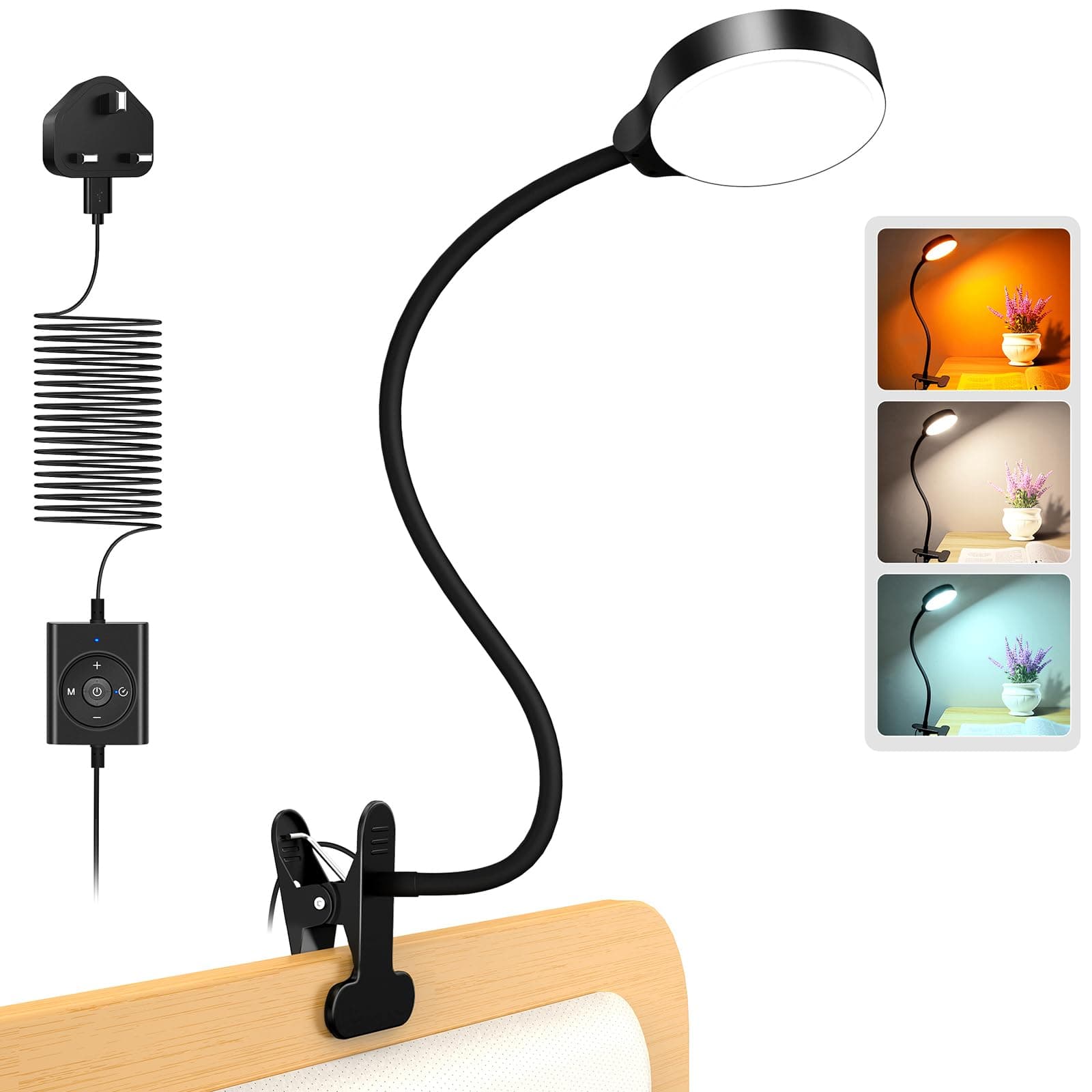 Glocusent 5W Clip on Light, 36 LED Eye Caring Reading Light for Bed, 3 Colors & 5 Brightness Clip on Lamp with Adapter, Perfect Reading Light/Bunk Bed Light (with UK Three-pin Plug Black)