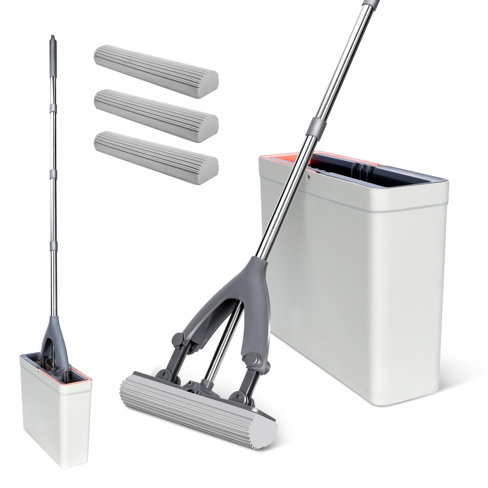 Masthome Sponge Mop and Buckets Sets,Floor Mops with 3pcs Super High Absorption Sponge Heads,135cm Extendable Handle Lazy Mop Bucket for Laminate,Tile,Hardwood Floor Cleaning