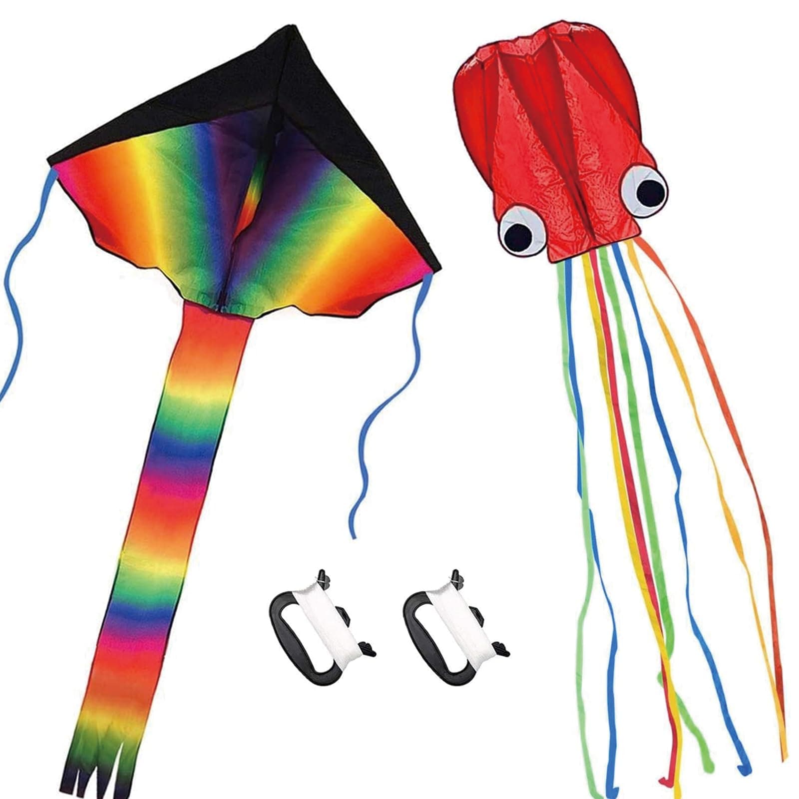 2 Pack Easy to Fly Kites - Large Rainbow Delta Kite & Red Octopus Kites with Long Colorful Tails, Includes 2 Kite String Reels for Adults Beach Park Outdoor Game Activities Fun