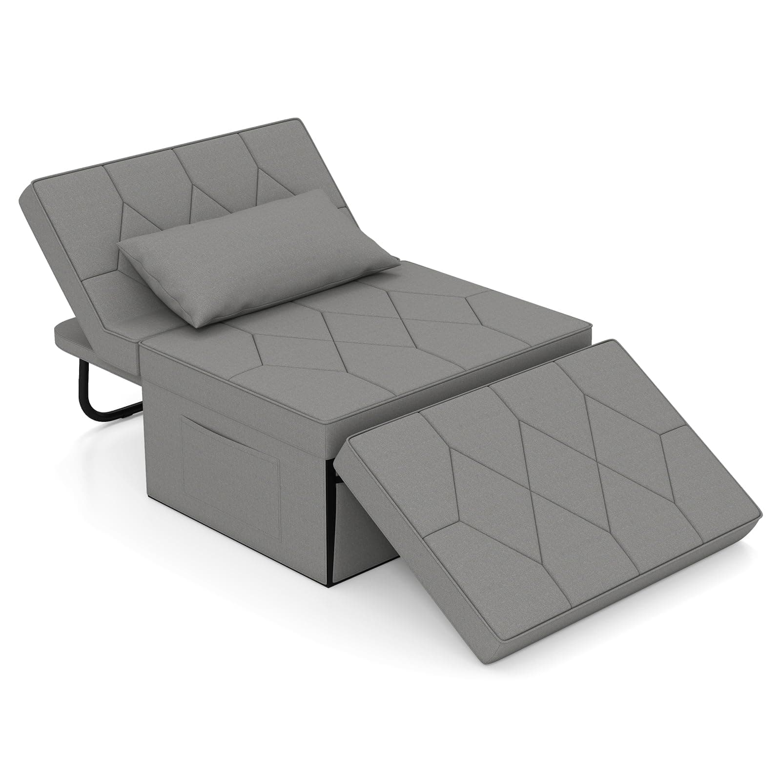 Convertible Sofa Bed, 4-in-1 Padded Lounge Sofa with Retractable Legs, 6 Position Adjustable Backrest & Soft Pillow, Upholstered Recliner Sofa for Living Room (Linen Type Fabric, Grey)