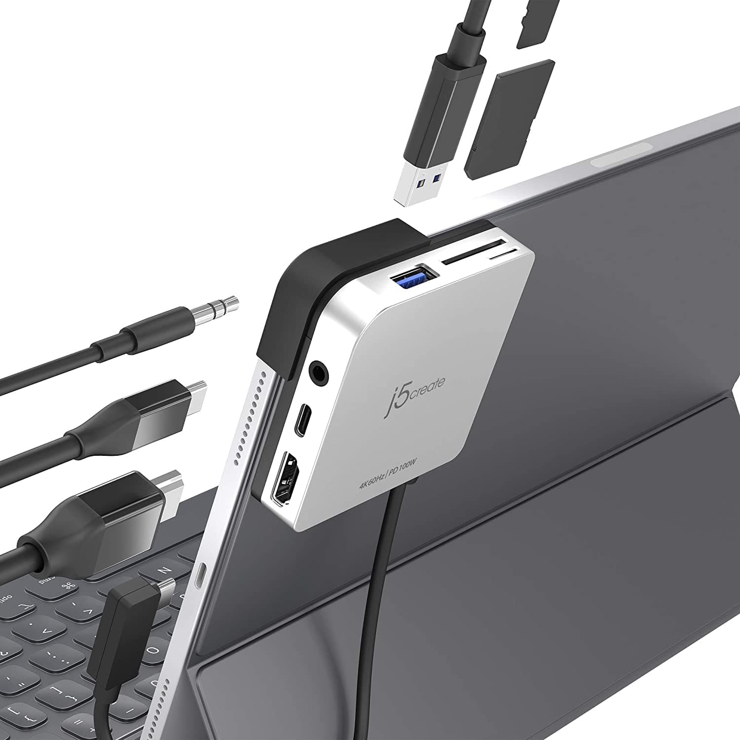 7-in-1 USB-C Hub Travel Dock for iPad Pro 12.9" /11" | 4k@60Hz HDMI, USB-C PD 100W Charging, Data, USB-A, SD & Micro SD card reader with 3.5 mm Headphone Jack Dock with 3 Removable Pads