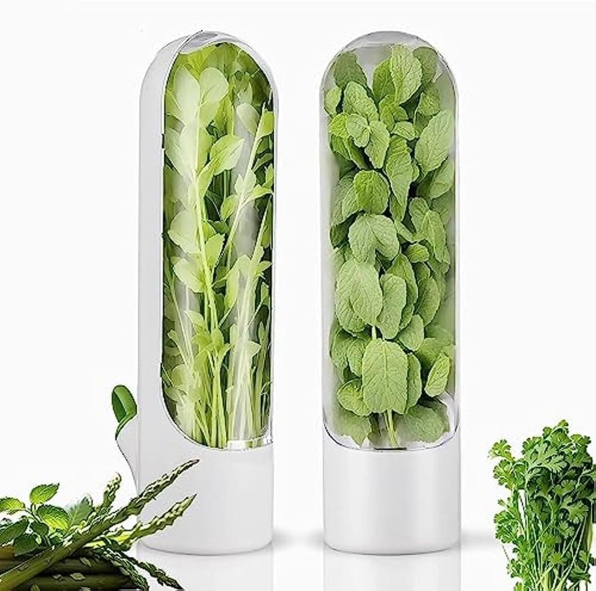 Premify 2 Pcs Herb Saver, Herbs Keeper for Refrigerator, Cilantro Storage Containers, Fridge Organizers and Storage, Herb Saver Pod Keep Fresh & Green Vegetables, Mint, Parsley, Asparagus
