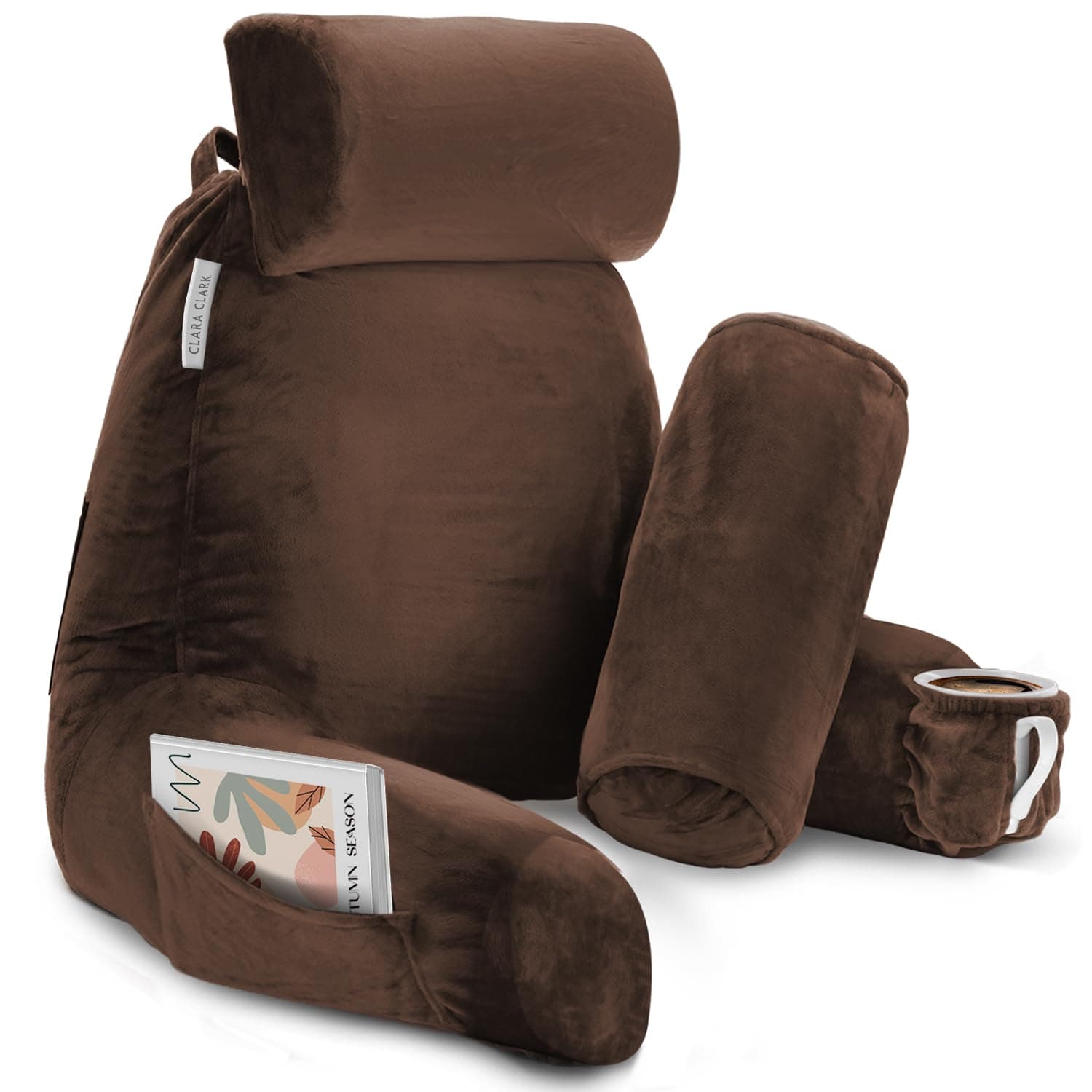 Clara Clark Reading Pillow with Shredded Memory Foam Includes 2 Neck and Lumber Support Pillows, Designed for Sitting Up in Bed and Couch, Back and Arms Adjustable Support for Adults, Chocolate Brown