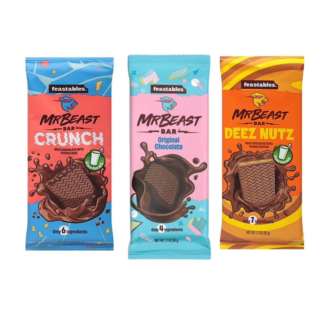 Feastables Mr Beast Chocolate Bars – NEW Deez Nuts Peanut Butter, New Crunch and Original Chocolate (3 pack)