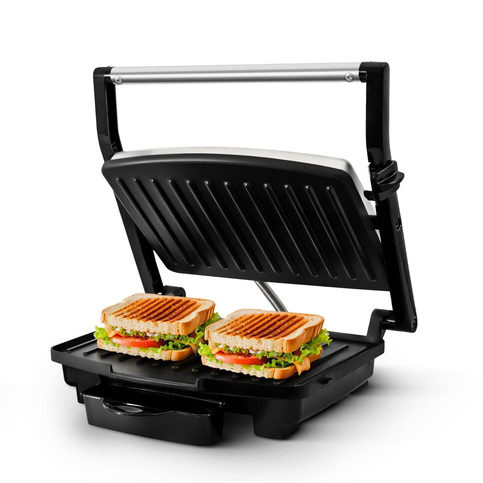 Non Stick Grill Sandwich Maker 1000 Watts With Floating Hinges | Automatic Temperature Cut-Off With LED Indicator | 90° Openable Plates | Panini Maker/Grill/Toast | 1 Year Warranty, Black