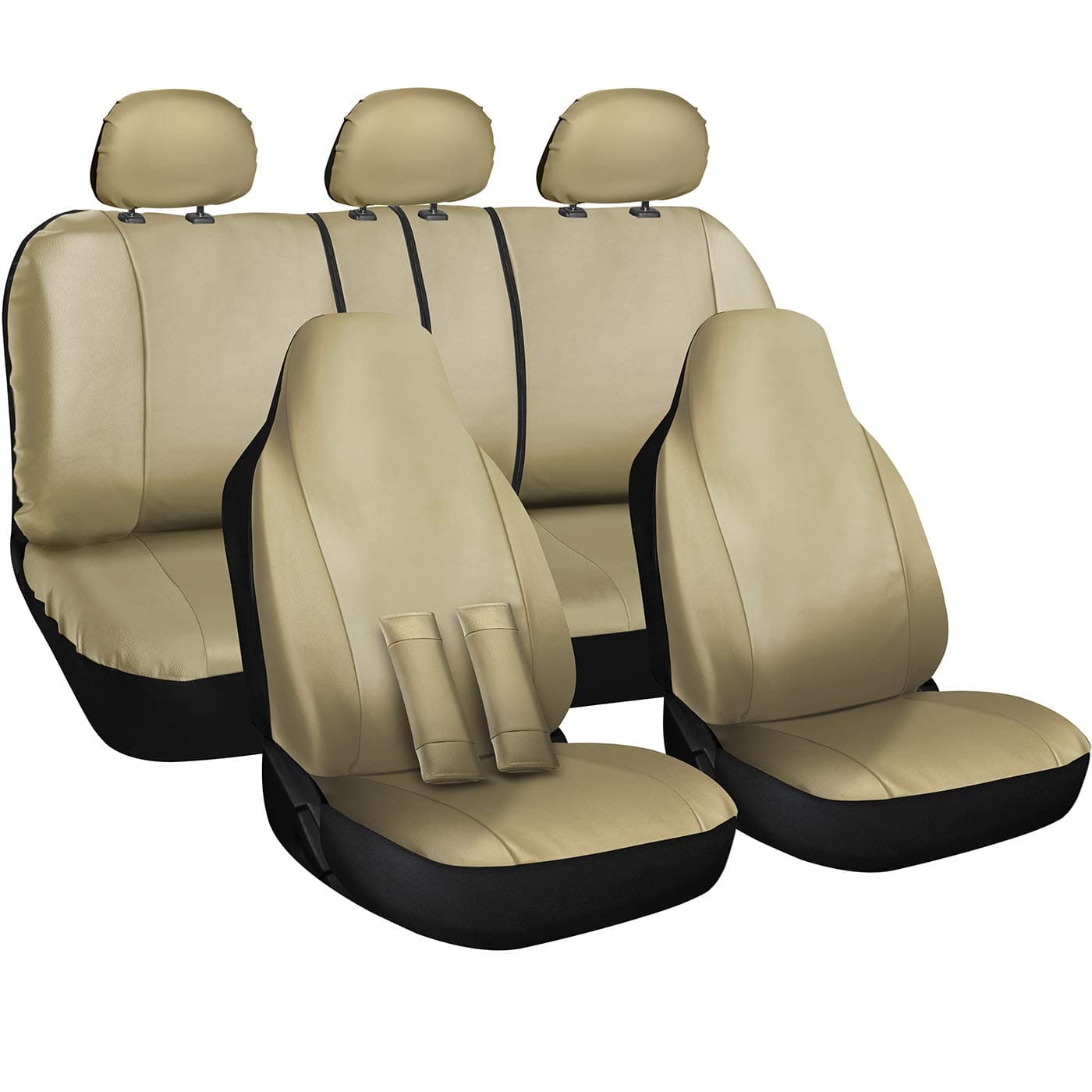 OxGord Car Seat Cover - PU Leather Solid Beige with Front Low Bucket and 50-50 or 60-40 Rear Split Bench - Universal Fit for Cars, Trucks, SUVs, Van - 10 pc Complete Full Set